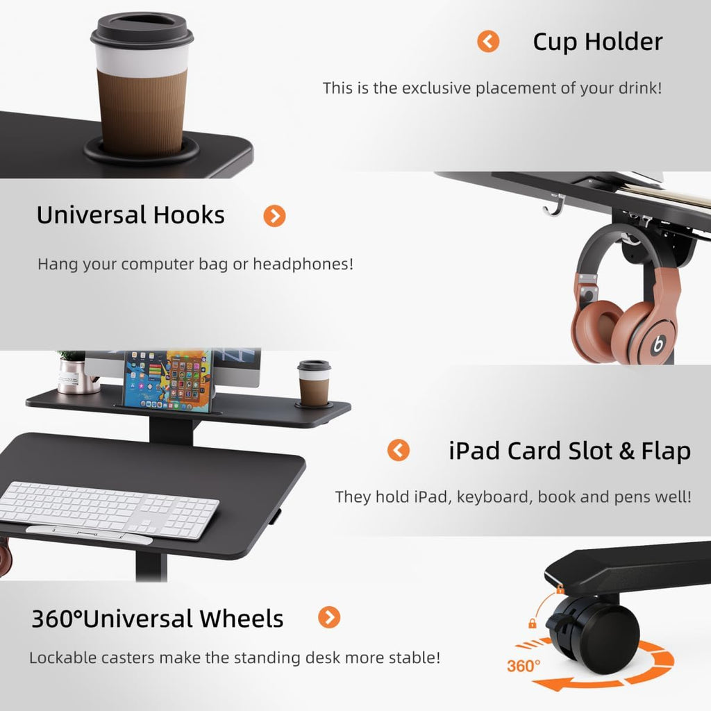 Pneumatic Standing Desk with Wheels - Adjustable Height 28" - 46" & 0-90° Tilt, 31.5" x 17.7" Skin-Feel Desktop, Rolling Computer Desk for Home Office, Hospital, School (Black)