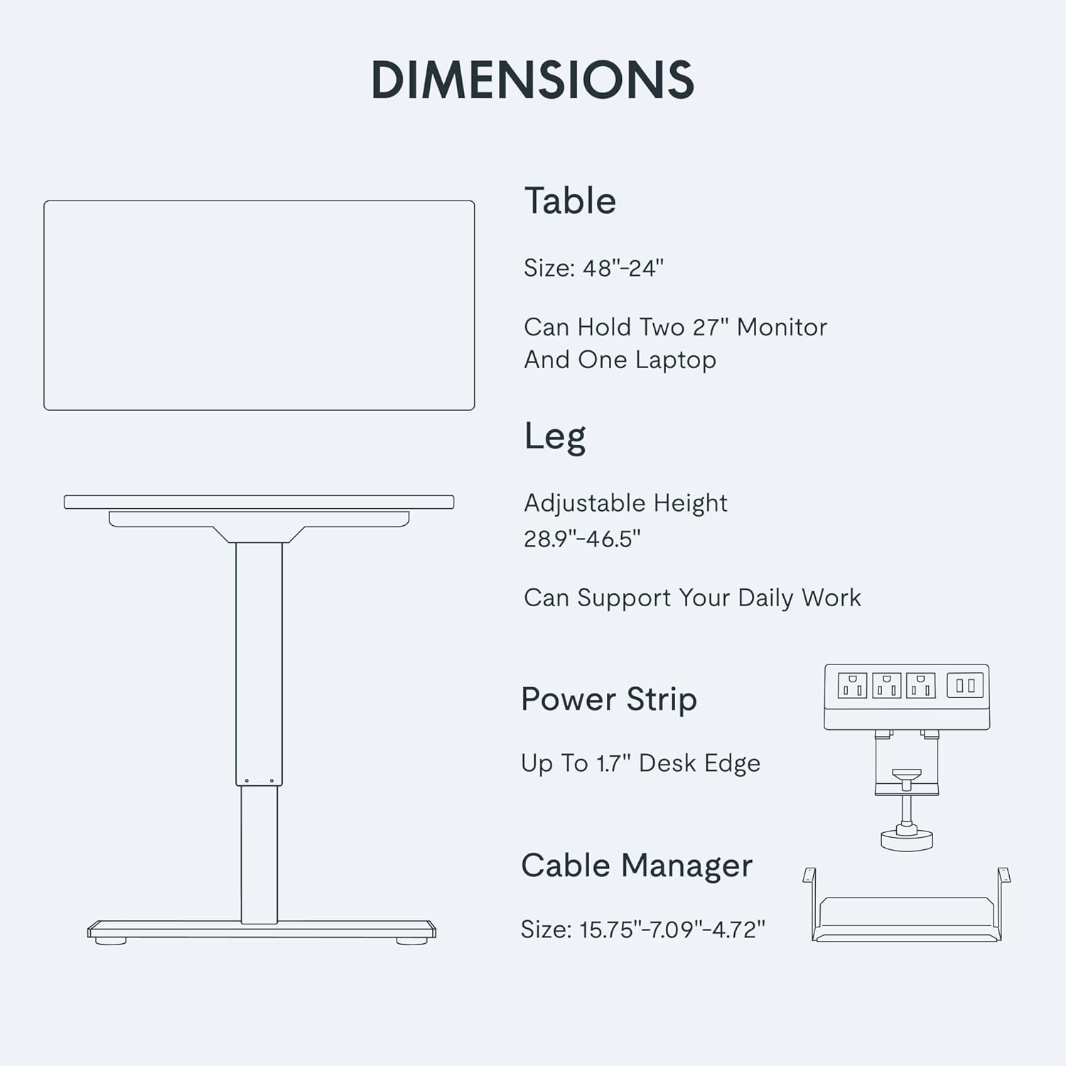 FLEXISPOT EN2 Whole-Piece Standing Desk with Clamp Power Strip, 48x24 Electric Stand Up Height Adjustable Desk with Cable Management (White Frame + 48" White Top)