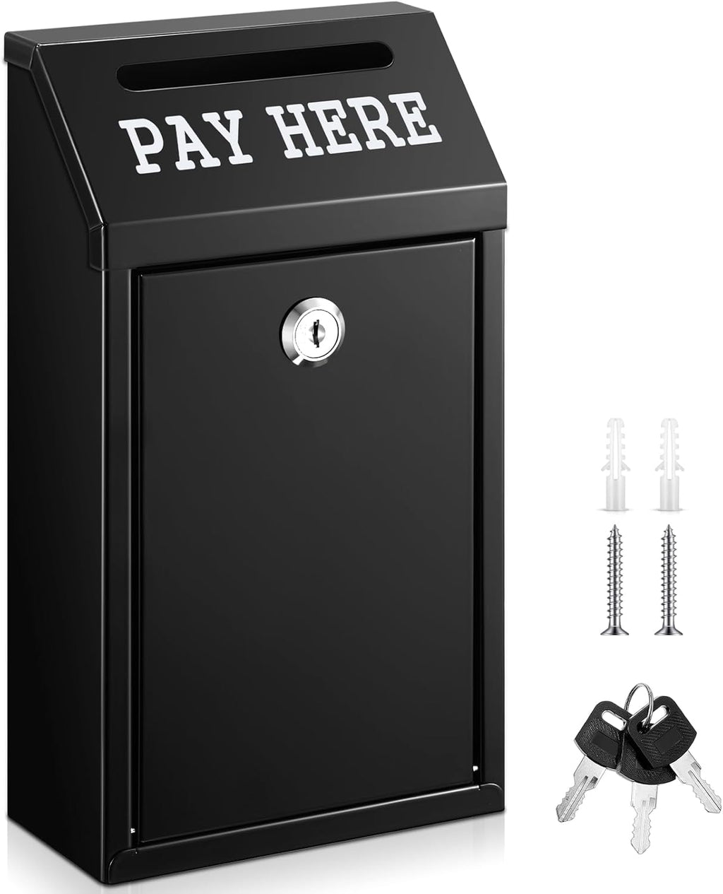 Safe Cash Box Money Collection Metal Donation Box with Lock Wall Mount Pre Drilled Mailbox Delivery Ballot for Home Office Outdoor Self Serve Stand(Black,10.2 x 5.7 x 2.8 Inch)