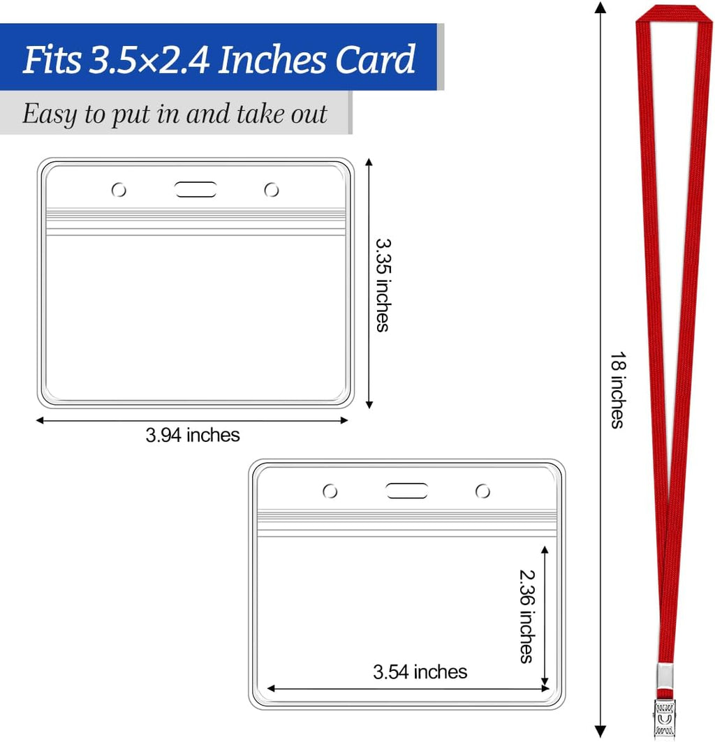 100 Pcs Clear Horizontal Badge Id Card and 100 Pcs Lanyard, Reusable Lanyards for Id Badge Holder Name Tag Badge Holder with Lanyards for Adults Kids Business School Conferences (Red)