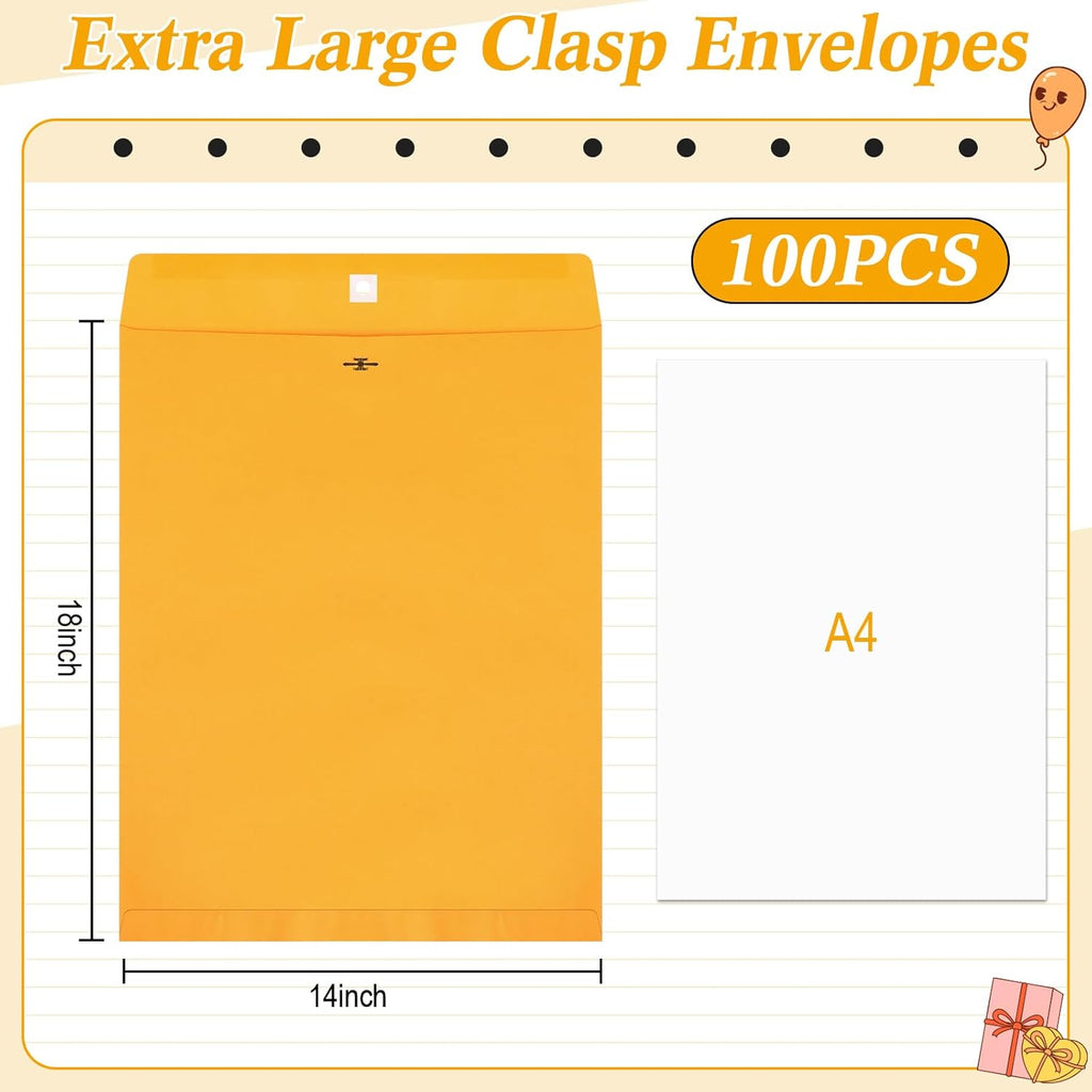 100 Pcs 14 x 18 Inch Extra Large Mailing Clasp Envelopes Jumbo Kraft Catalog Manila Envelope with Clasp Closure for Oversized Big Documents Office Home Business Legal School Storing Mailing