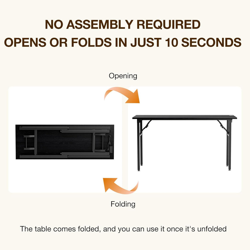 TEMI Long Computer Desk Folding Table - No Assembly, Compact 55.1" Foldable Desk with Power Outlets & USB Charging Port, Portable Lagre Office Desk, Study Table for Narrow Spaces, Dark Oak