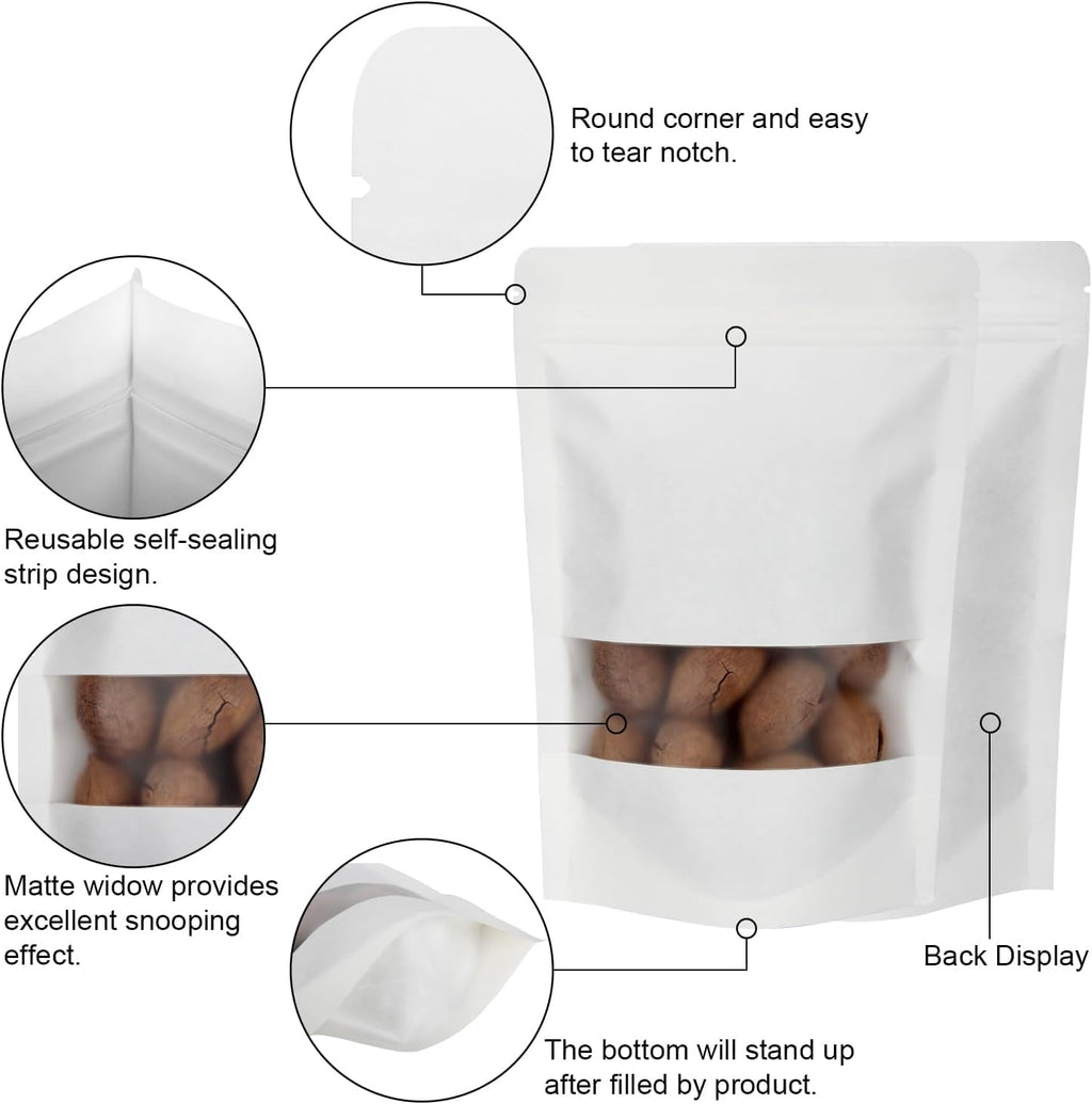 Blisstime 50 Pieces Resealable Bags for Small Business, White Kraft Paper Stand Up Pouches with Matte Window Reusable Heat Sealable Bags for Packaging (7.9 X 11.8 Inches)