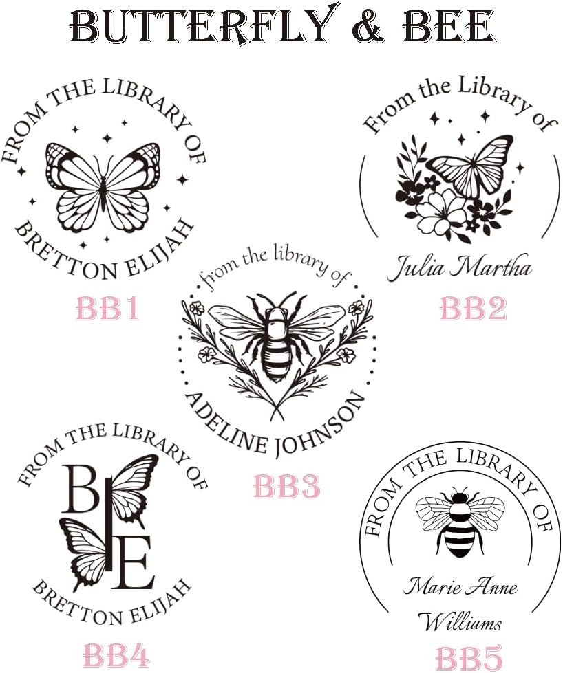 Personalized Book Embosser Stamp with Handle Set, Custom Self-Inking Library Stamp with Name & Design, Elegant Invitation Seal from Library Stamp Kit, Birthday, Book Lover Gifts （Butterfly & Bee）