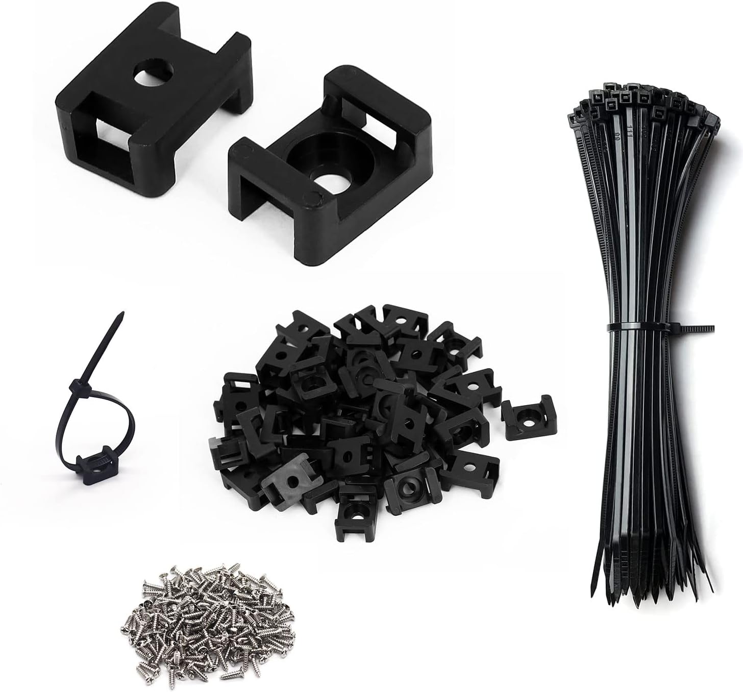 Cable Zip Tie Mounts Kit - 240 Set Wire Cable Clips Organizer Holders with 8" Cable Ties, Saddle Type Mounts Base and Tapping Screw, Black