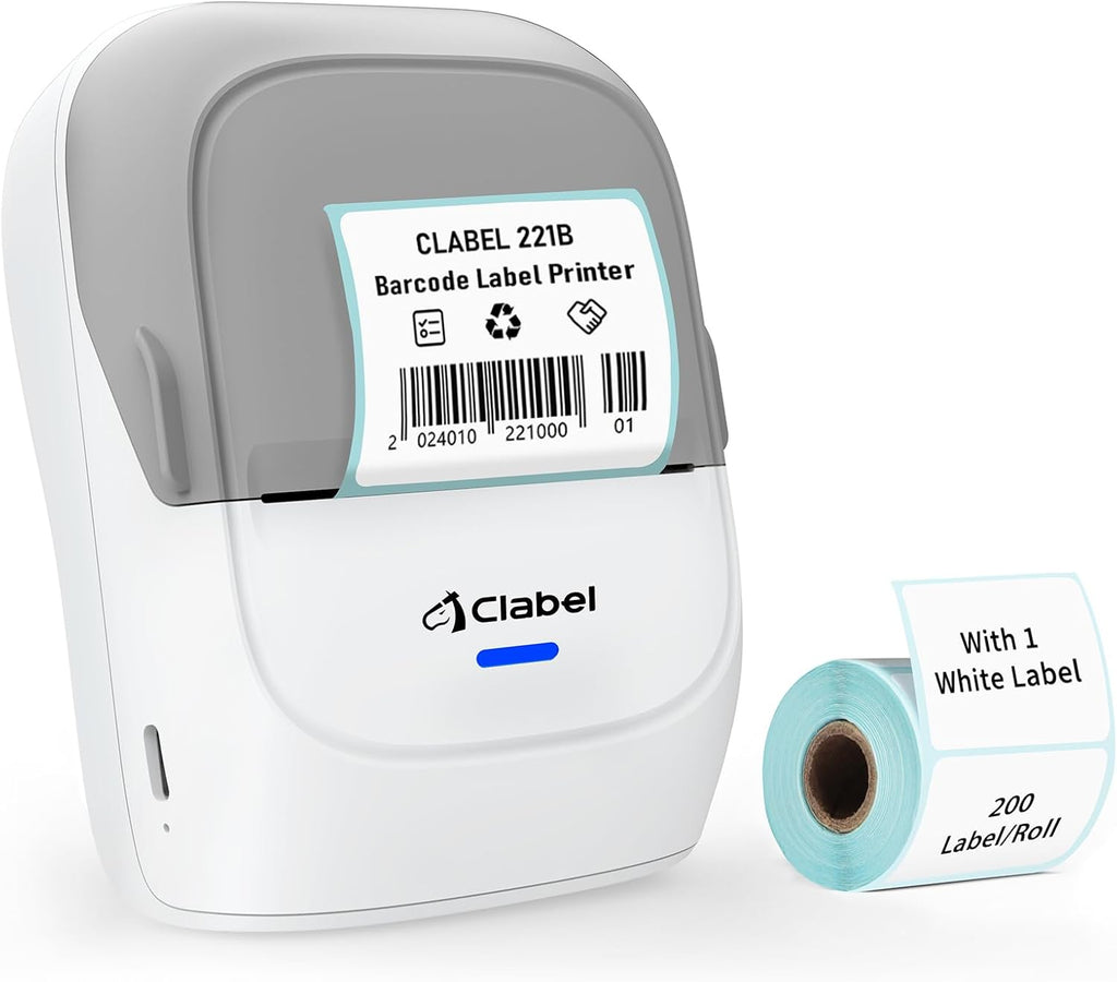 CLABEL Thermal Label Maker Machine 221B Mini Portable Label Printer Thermal Labeling Printing Machine Sticker Bluetooth Label Printer Barcode Inkless Labelmaker for Price Logo Clothing (Gray White)
