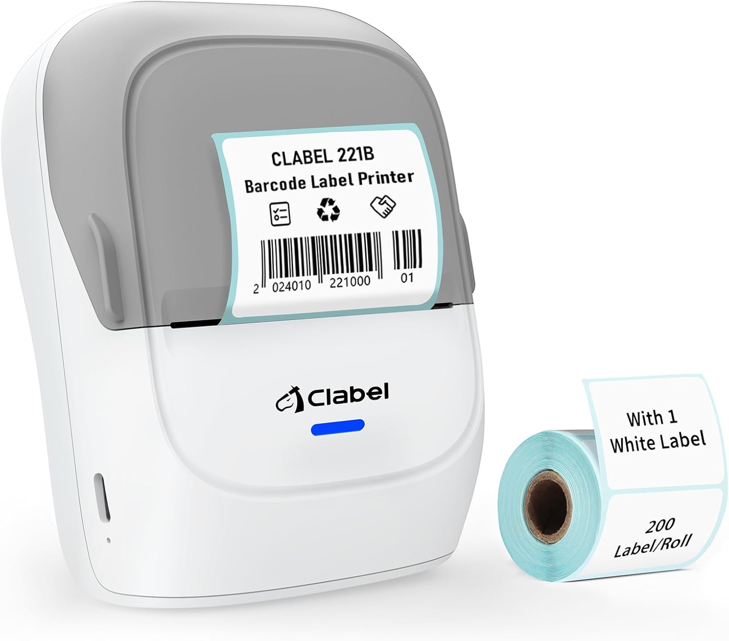 CLABEL Thermal Label Maker Machine 221B Mini Portable Label Printer Thermal Labeling Printing Machine Sticker Bluetooth Label Printer Barcode Inkless Labelmaker for Price Logo Clothing (Gray White)