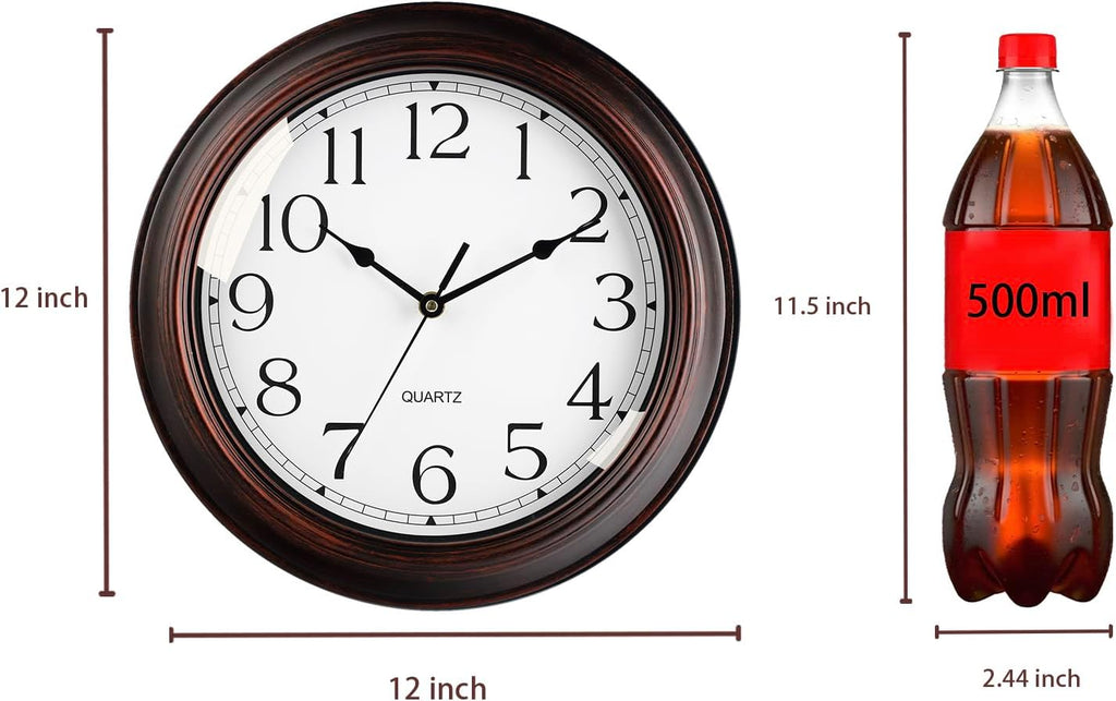 12 Inch Wall Clocks Battery Operated Silent Non-Ticking Wall Clock Vintage Retro Rustic Style Decorative for Living Room Kitchen (Bronze)