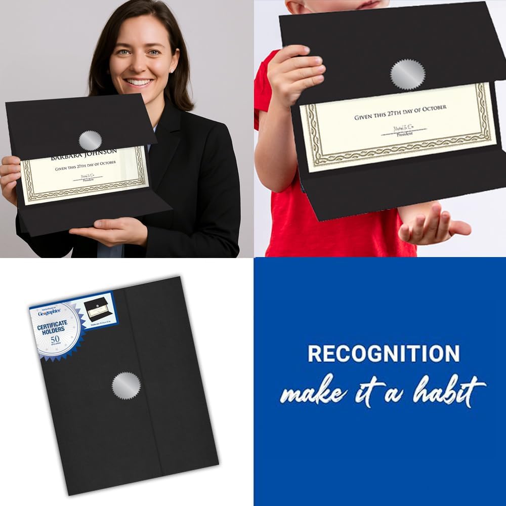 Certificate Holders - Tri-Fold Navy Linen 9.25x12.5 Inches - 50 Pack - Embossed Die-Cut 80 lb Cover Stock - Silver Medallion Foil Stamp - Ideal for Awards - 218 GSM Document Holder