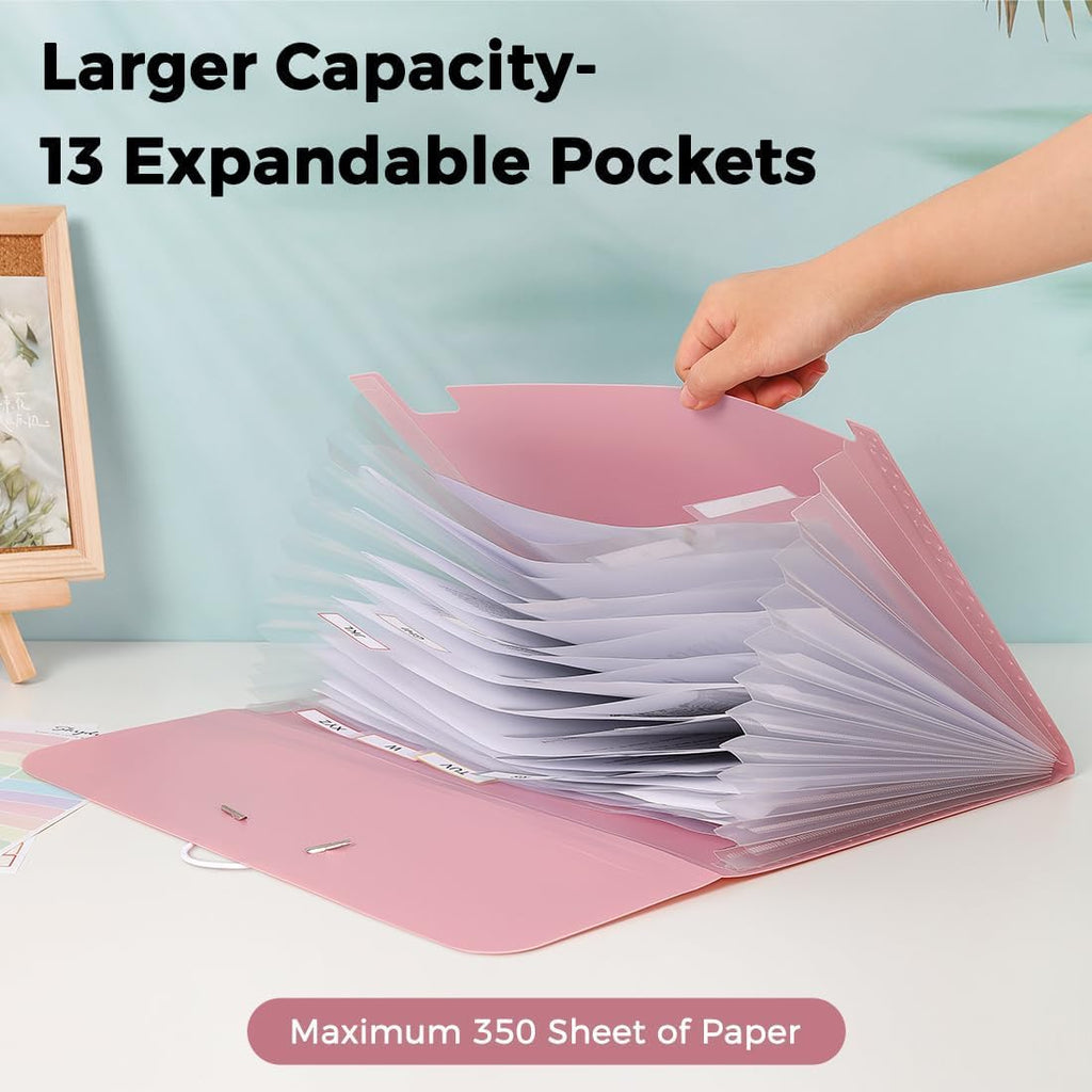 SKYDUE Expanding File Folder, Accordion File Organizer with 13 Pockets for A4/Letter Sized Paper, Accordion Folder with Labels - Document Receipt Organizer for Office, School, Home