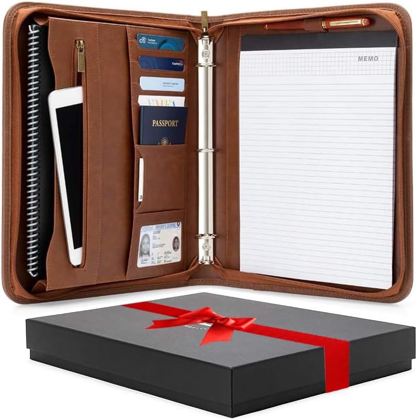 Portfolio Organizer - 3 Ring Binder with Notepad - 1.5 Inch Rings - Zippered Storage Pockets for Papers, Travel Documents, Presentation Folder, Cards, Passport, Tickets - Brown