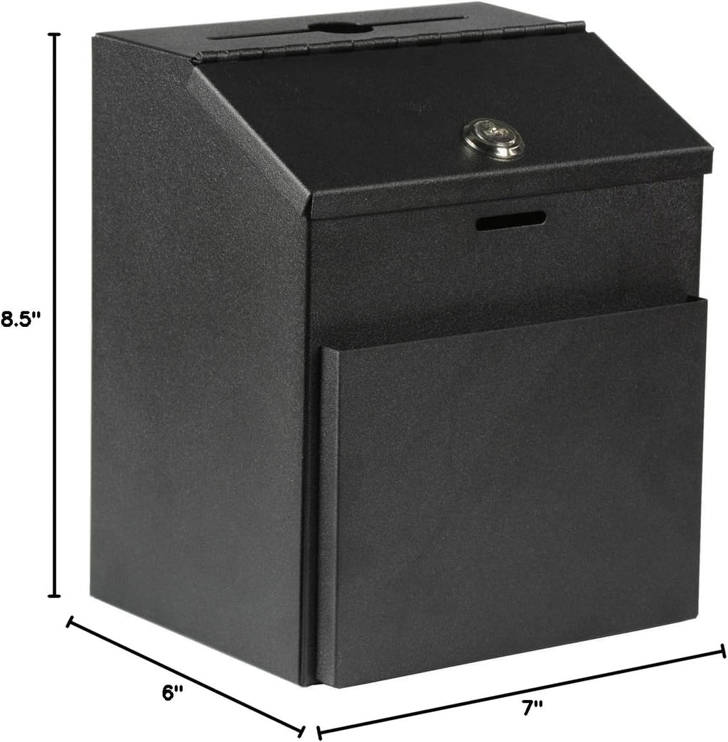 Suggestion Box with lock and keys Lock Metal Wall Mounted Ballot Box, Steel Donation and Collection Drop Box with wide Slot, 8.5H x 6W x 7.3L Inch office comment box with front wide pocket