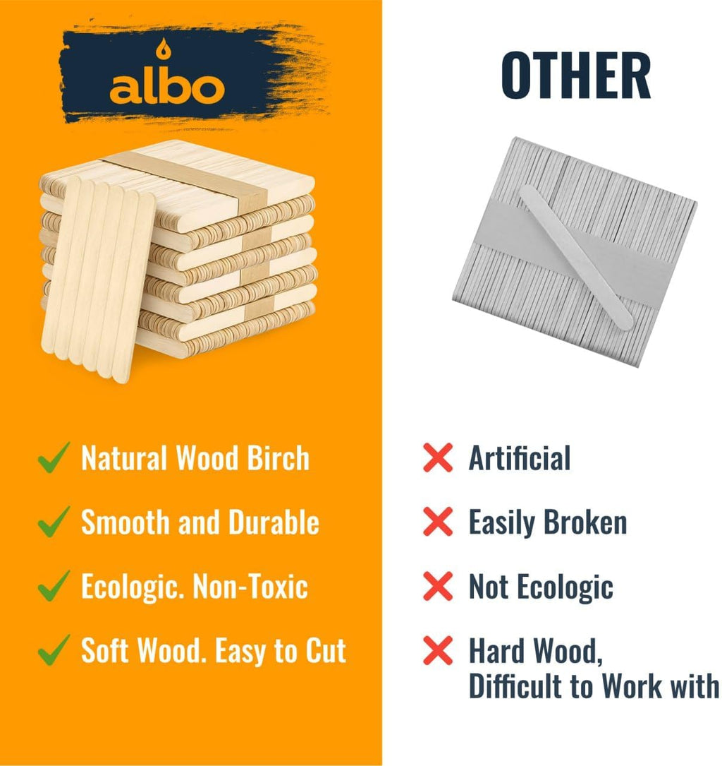 ALBO 1000 Pack 6" Wood Popsicle Sticks | Food-Safe Ice Cream, Cake Pop & Chocolate Molds | Waxing Applicators, Epoxy Resin Stir Sticks, Tongue Depressors | Bulk DIY Craft Supplies for Kids & Pros