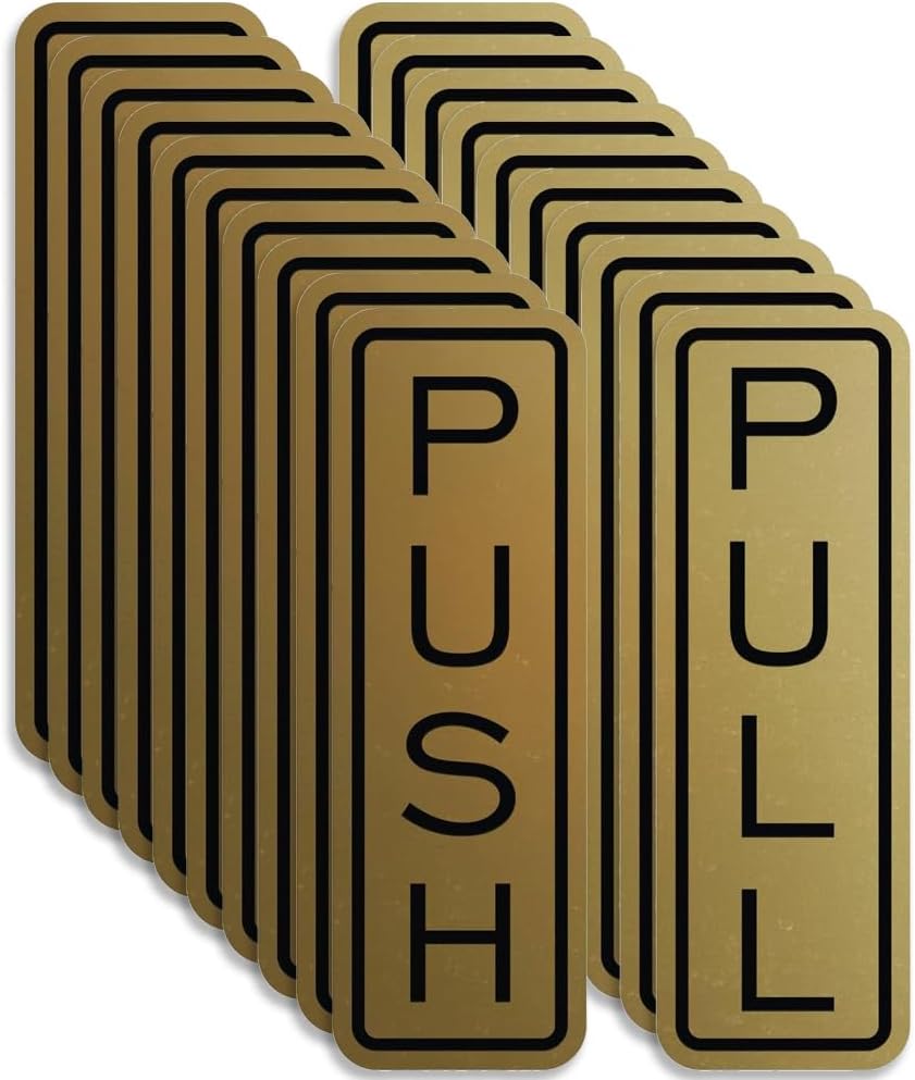 All Quality Classic Vertical Push Pull Door Signs - Great for Glass Doors | Professional Looking Signs | Easy Installation Includes Double-Sided Foam Adhesive Tape (Brushed Gold) - Small (10 Pack)
