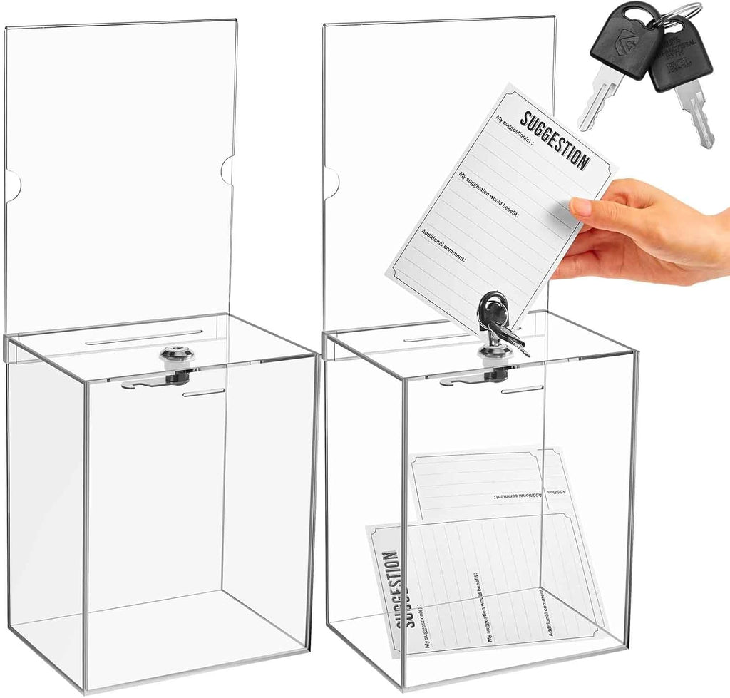Sweetude 2 Pack Acrylic Donation Box with Lock Tall Tip Jars 8.2 x 6.7 x 5 In Suggestion Ballot Box with Sign Holder Large Locking Raffle Voting Container for Fundraising Ticket Collection(Clear)