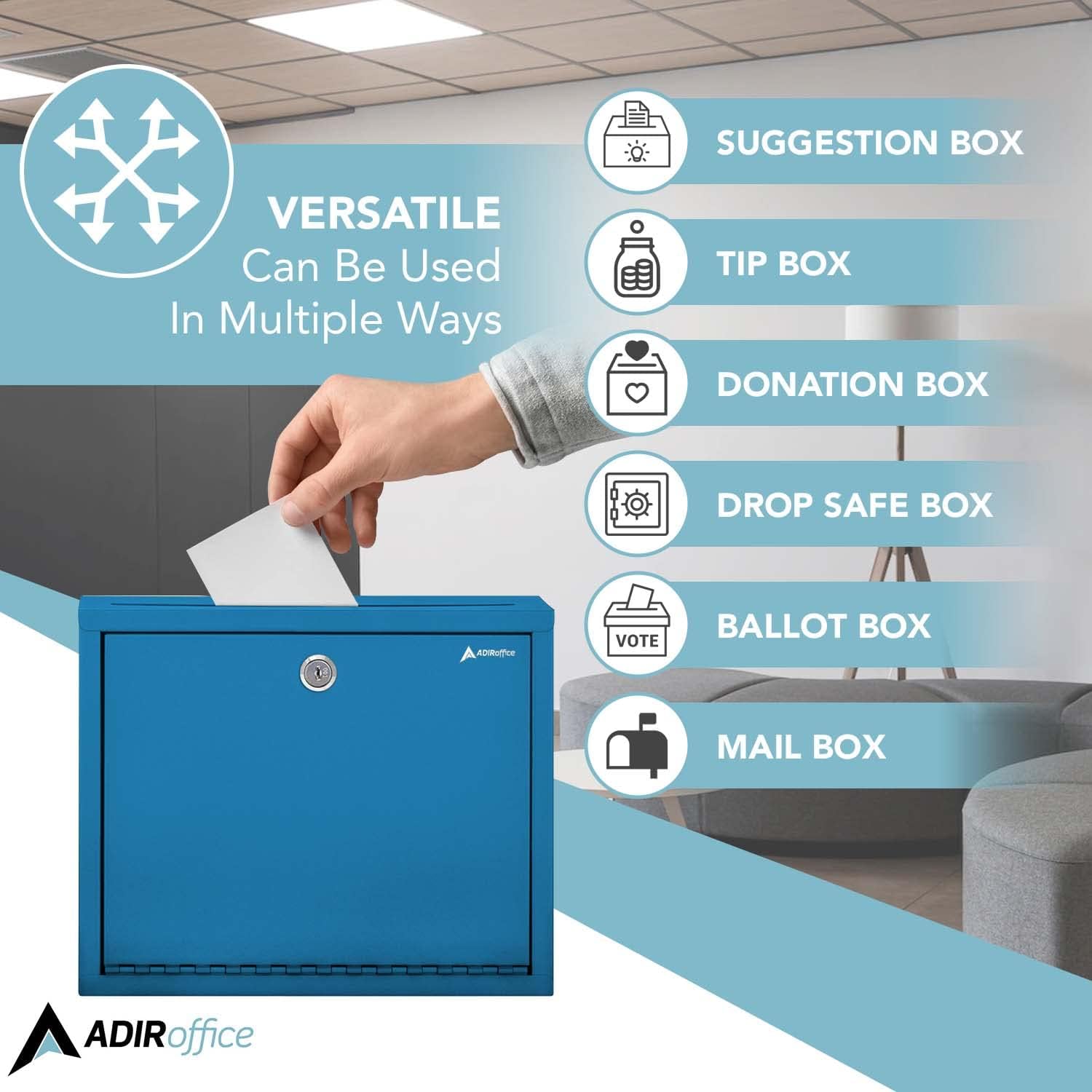 Adir Metal Suggestion Box with Lock and Slot, Wall Mount Deposit Box for Payments and Checks, Office Mail Box for Employees, Mailbox for House, Safe Drop Box with Keys - 3x10x12 Inch Blue