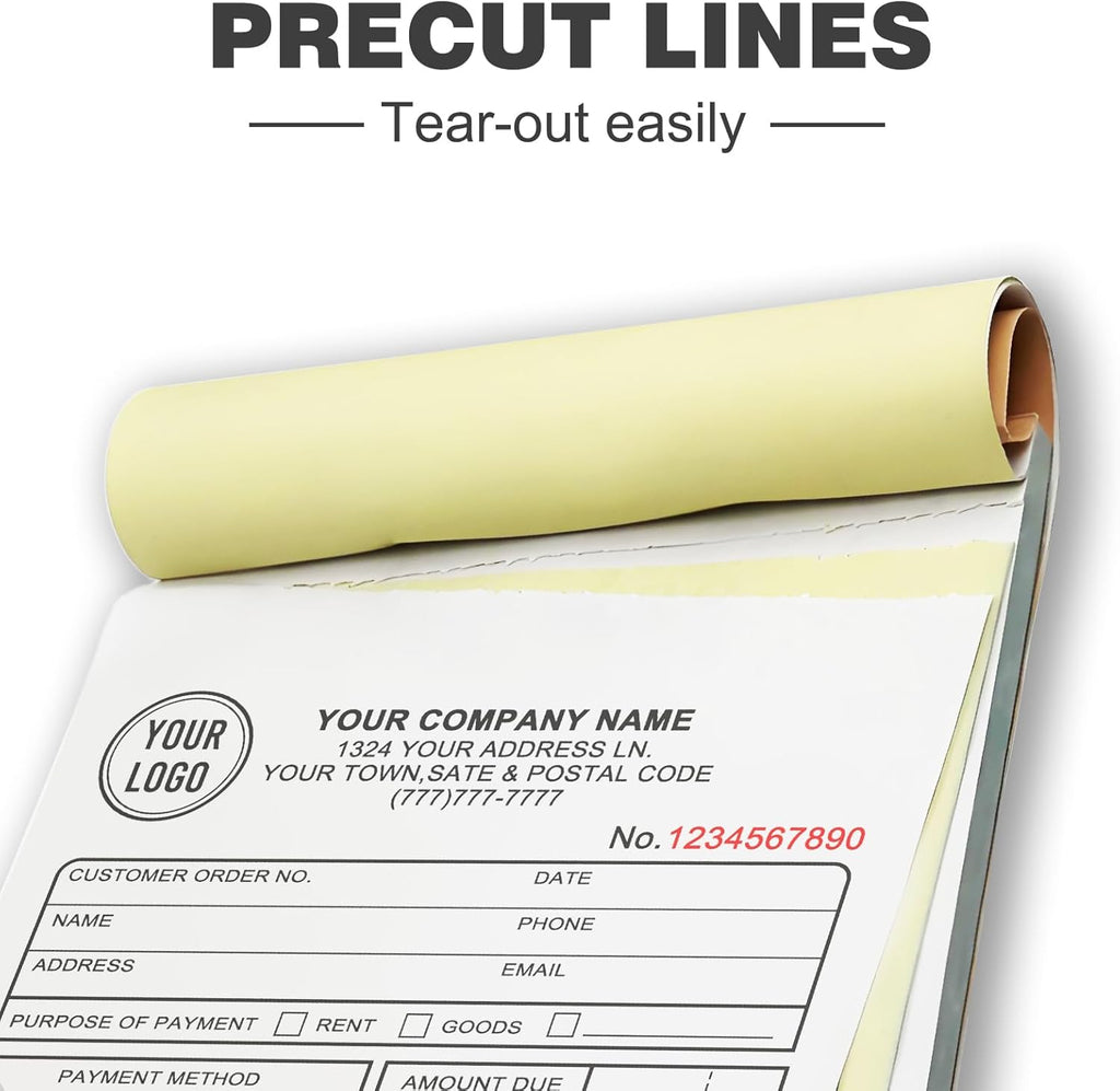 Custom Invoice Receipt Book for Small Business 8.5x11" Personalized 3-Part Contractor Duplicate Carbonless Sales Forms with Company Name Address Phone Number 150 Sets