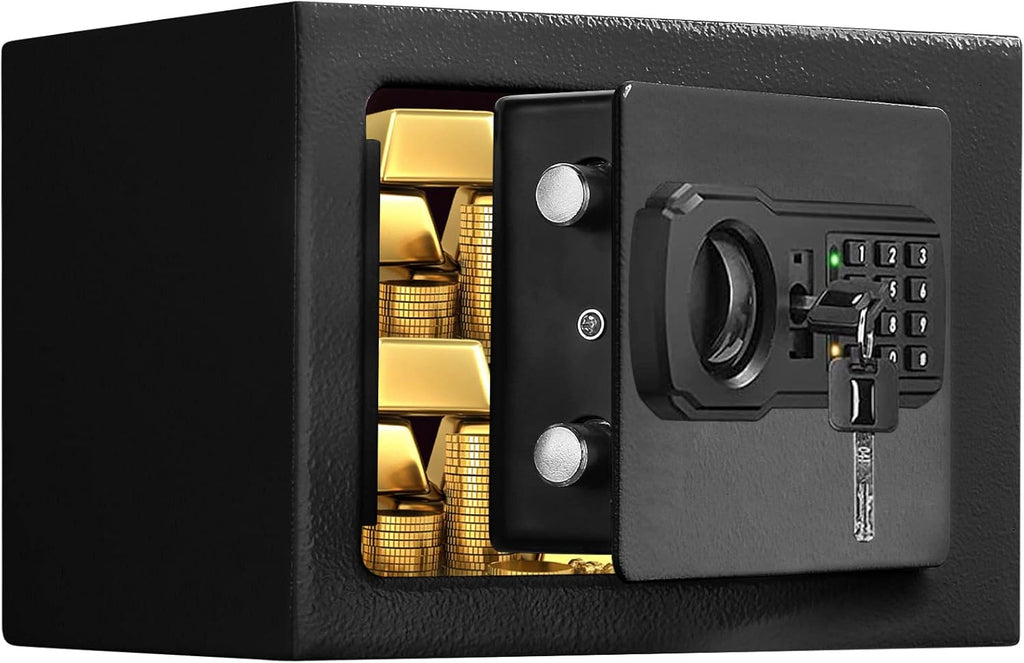Small Mini Fire Safe Box for Home, 0.3 Cubic Feet Medication Lock Box, Security Money Safes with Digital Keypad, Spare Keys, Dorm Room Safe for Money, Jewelry, ID Documents