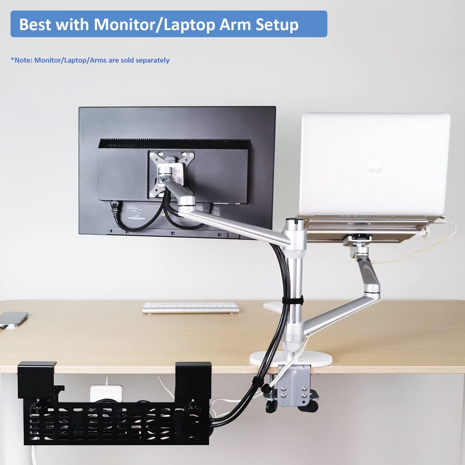 AEONS Under Desk Cable Management Tray Wire Cord Organizer Removable C Clamp Mount No Drill Computer Cord Raceway and Modesty Panel, Black, 16-inch