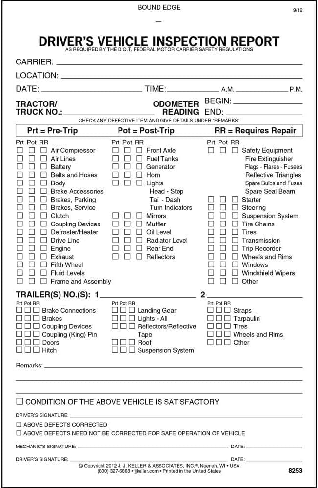 Detailed Driver's Vehicle Inspection Report (Pre- & Post-Trip) 10-pk. - Book Format with 31 Sets, 2-Ply Carbonless, 5.5" x 8.5", Meet FMCSR Requirements, J. J. Keller & Associates, Inc.