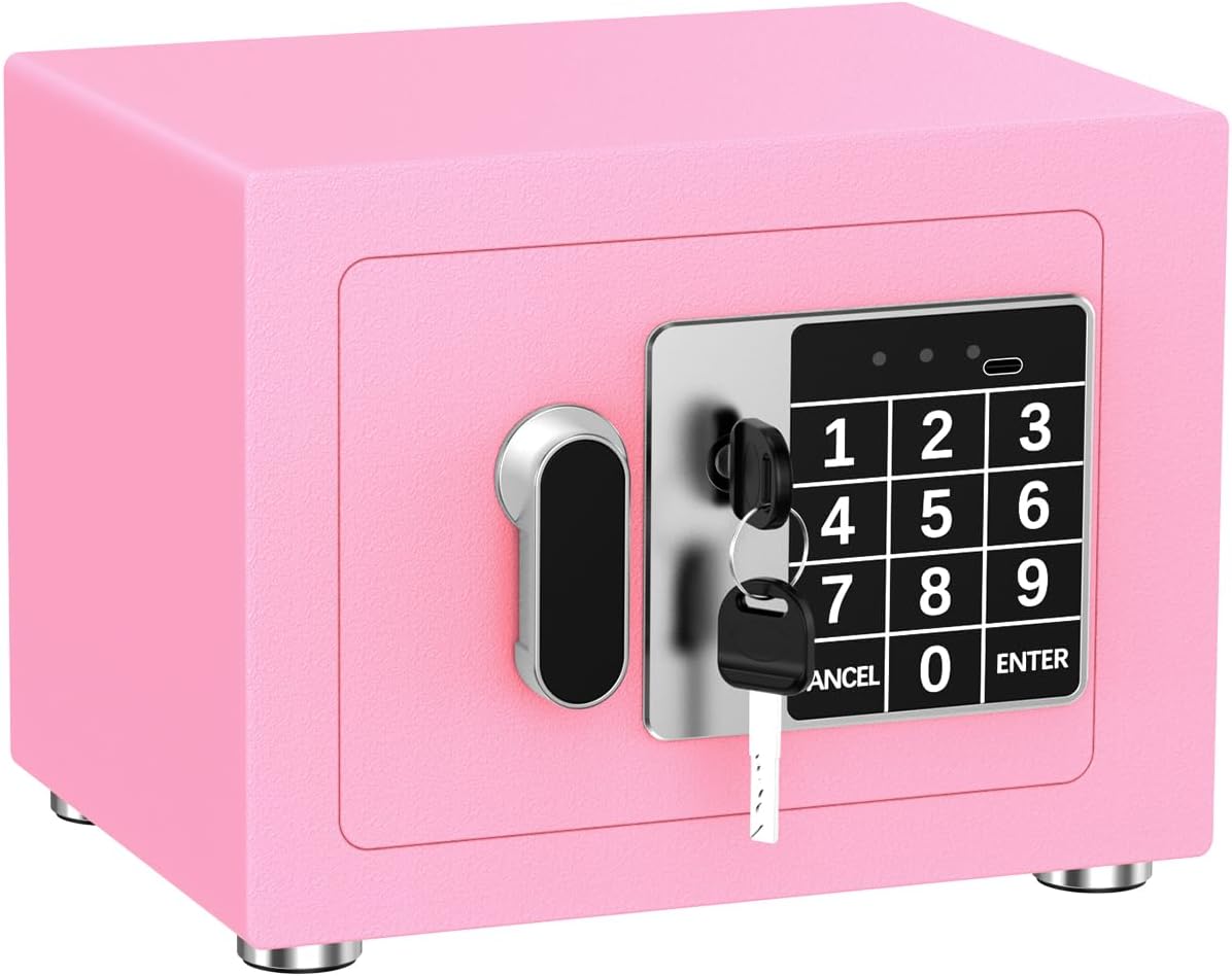 Small Home Safe, 6.7”D x 9”W x 6.7”H, Electronic Keypad Lock Security Box for Cash, Jewelry, Passport, Hidden Safe for Closet, College Dorm Room, Pink