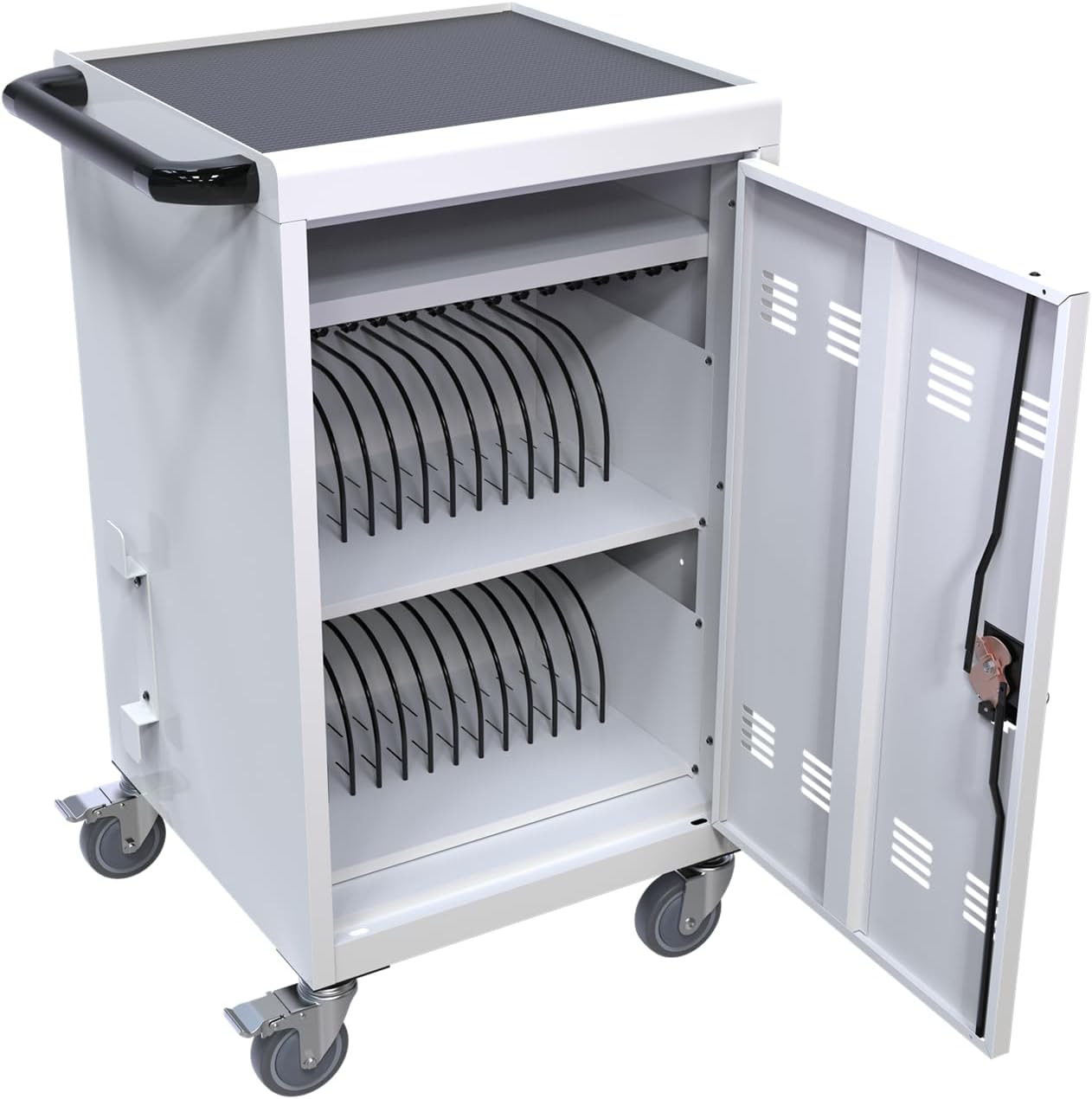 30-Device Mobile Charging Cart & Cabinet, Laptop & Tablet Storage, Lockable Station, Up to 17" Screens, White