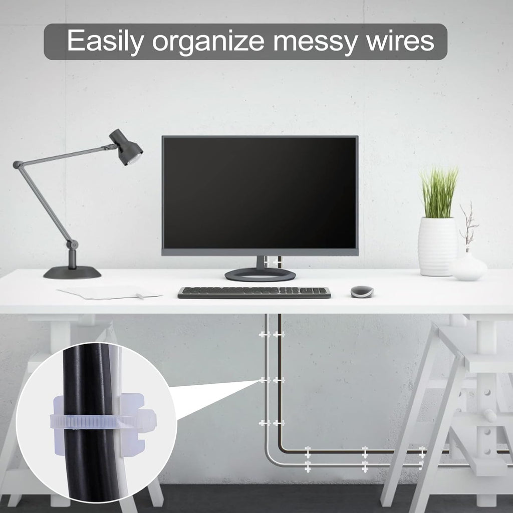 100 Pcs Cable Zip Tie Saddle Type Mounts Base with 8" Cable Ties Tapping Screw, Wire Cable Clips Organizer Holders Clamps White
