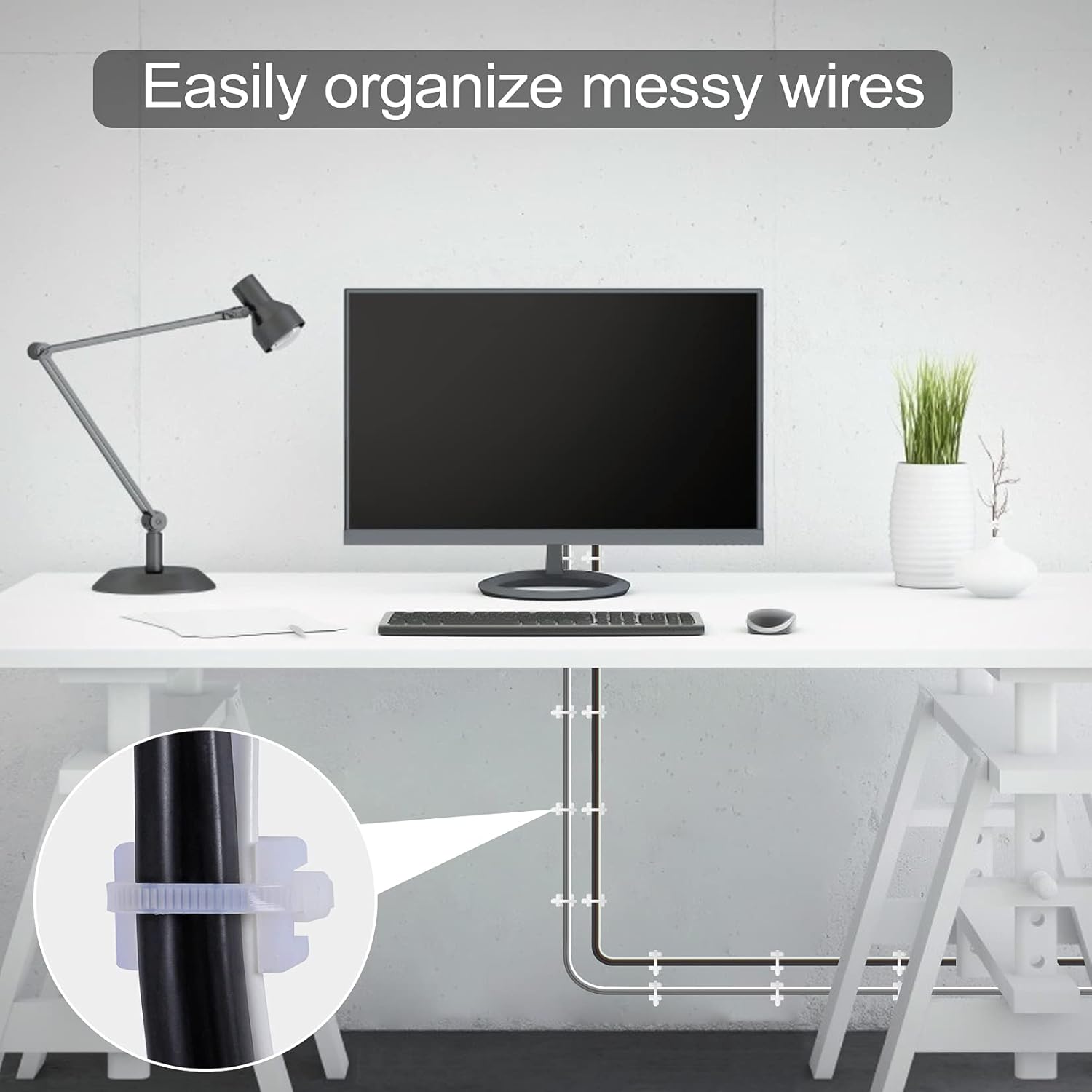 100 Pcs Cable Zip Tie Saddle Type Mounts Base with 8" Cable Ties Tapping Screw, Wire Cable Clips Organizer Holders Clamps White