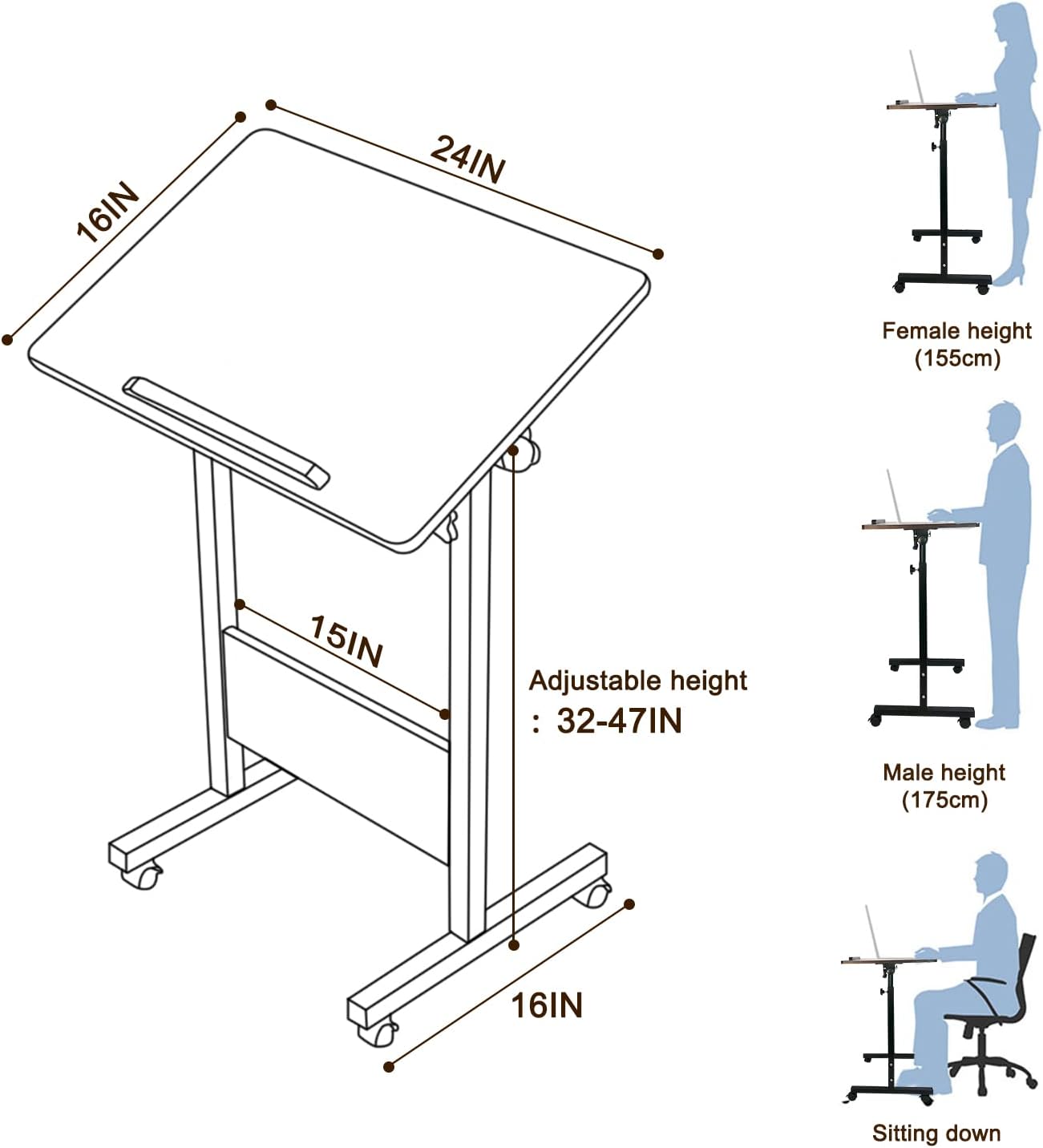 KOUPA Height Adjustable Mobile Standing Desk 16×24 in,360° Flip Desk Stand Desks Home Office Table Standing for Small Space Offices,Easy to Assemble(Adjustable Height: 32in-47in)
