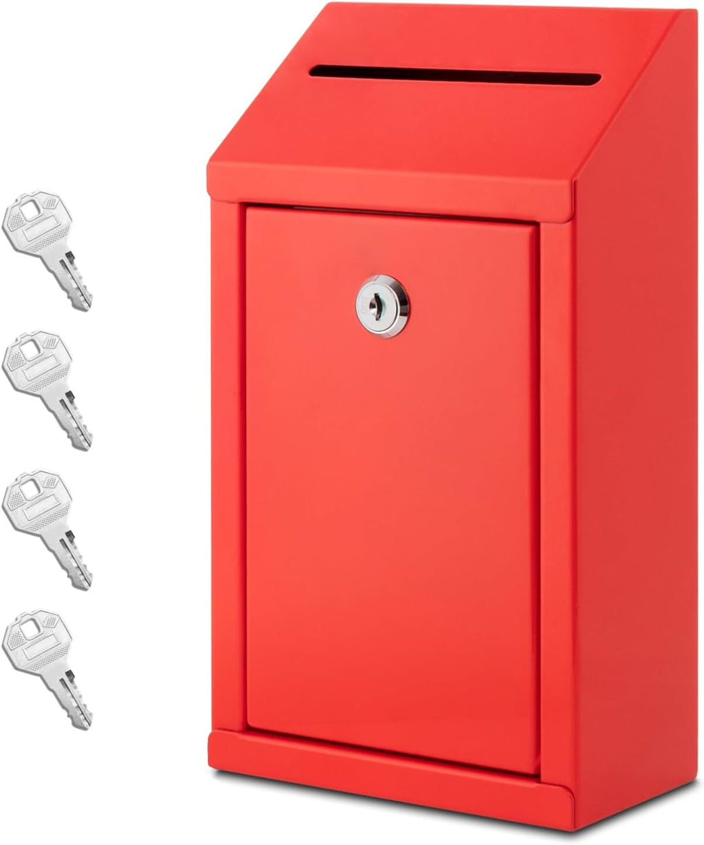 Metal Donation Box with Lock, Wall Mounted, Suggestion Box with 4 Iron Keys, Red, Cash Drop Box with Slot, 1-Pack