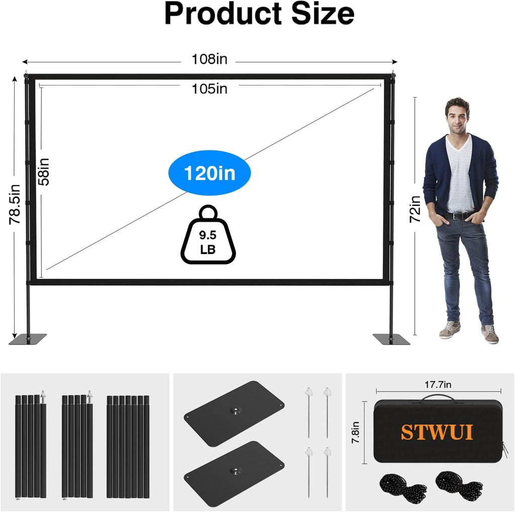 Outdoor-Projector-Screen-with-Stand - 120 inch Portable Projector Screen Indoor Outdoor Projector Screens 16:9 4K HD Lightweight Movie Screen with Carry Bag for Backyard Movie Night