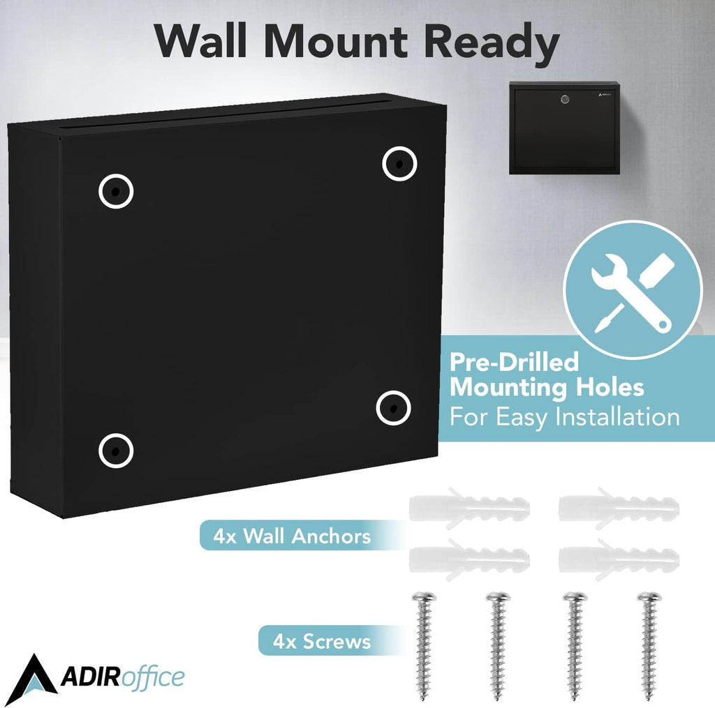 Adir Metal Suggestion Box with Lock and Slot, Wall Mount Deposit Box for Payments and Checks, Office Mail Box for Employees, Mailbox for House, Safe Drop Box with Keys - 3x10x12 Inch Black