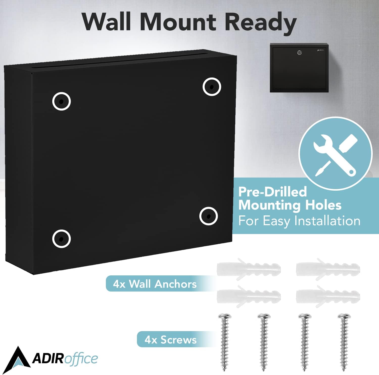 Adir Metal Suggestion Box with Lock and Slot, Wall Mount Deposit Box for Payments and Checks, Office Mail Box for Employees, Mailbox for House, Safe Drop Box with Keys - 3x10x12 Inch Black