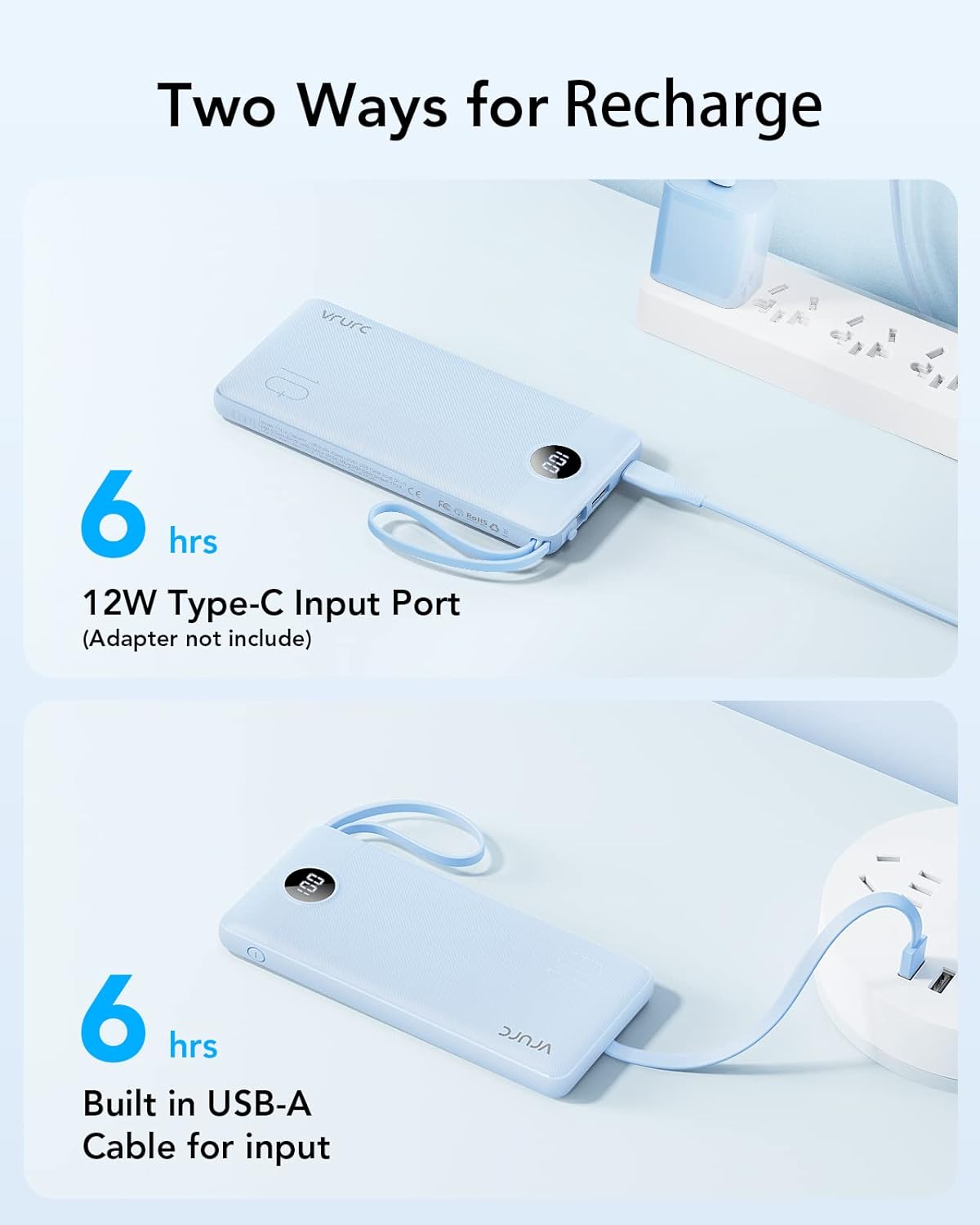 VRURC 10000mAh Power Bank Built-in Cables, Portable Charger with LED Display, Slim Travel Battery Pack with Cords, 5 Output Dual Input Phone Charger for Cell Phone Smart Devcies-Blue(1 Pack)