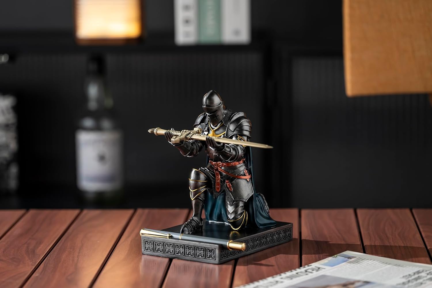 Medieval Armored Warrior Wearing Outerwear, Mobile Phone Stand Knight Pen Holder Desk Organizers, Resin Bookends Paperweight with a Letter Opener for Desk (Iron&Green)