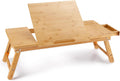 Laptop Desk Nnewvante Bamboo Laptop Table Adjustable Lap Tray Bed Serving Tray Breakfast Table Foldable Coffee Tea Table 7 Tilting Top Angles 4 Latches Large Size 27.95" x 13.8"