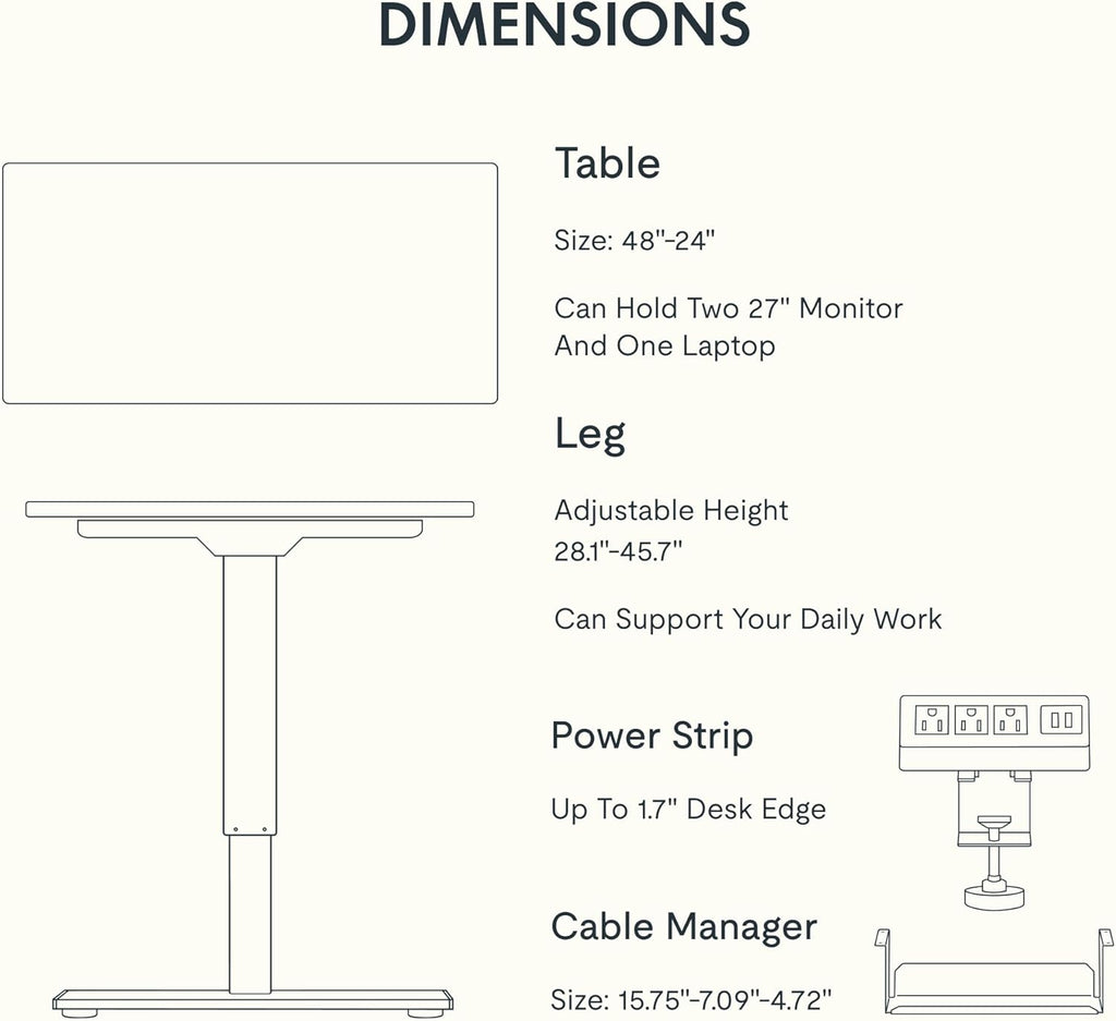 FLEXISPOT EN2 Whole-Piece Standing Desk with Clamp Power Strip, 48x24'' Electric Stand Up Height Adjustable Desk with Cable Management (Black Frame + 48" Black Table Top)