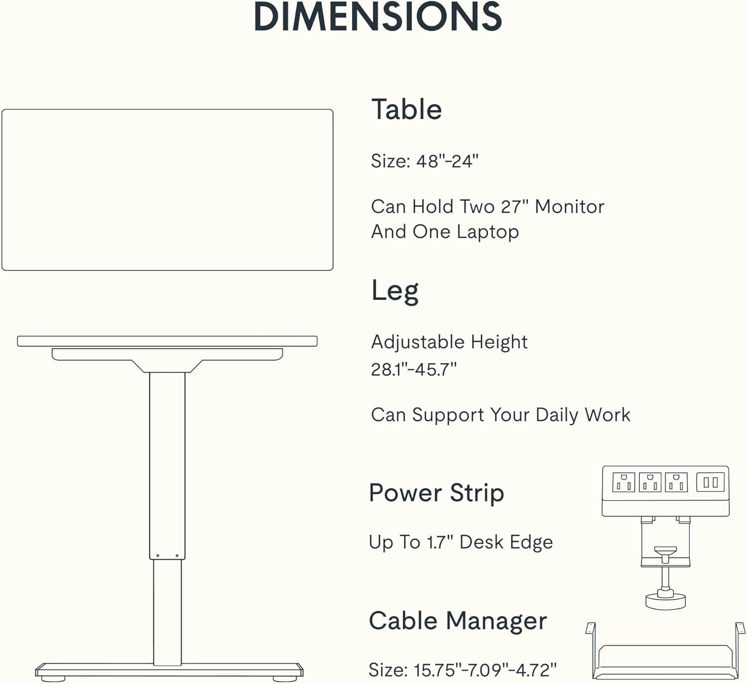 FLEXISPOT EN2 Whole-Piece Standing Desk with Clamp Power Strip, 48x24'' Electric Stand Up Height Adjustable Desk with Cable Management (Black Frame + 48" Black Table Top)
