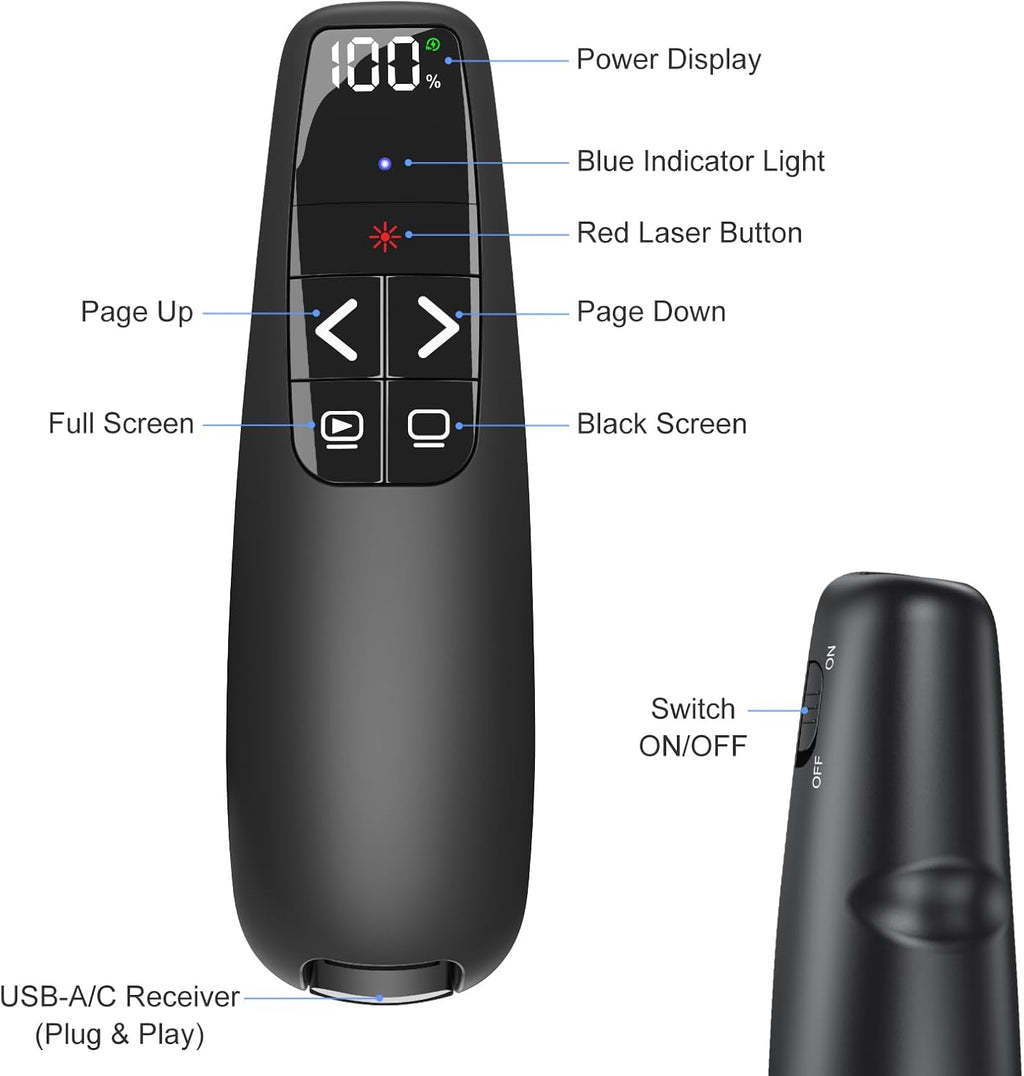 (2 Units) Rechargeable Presentation Clicker with Case, Power Digital Display Wireless Presenter Remote, Red Light Pointer Computer PowerPoint Clickers for Mac Laptop, Slideshow Google Slide Advancer