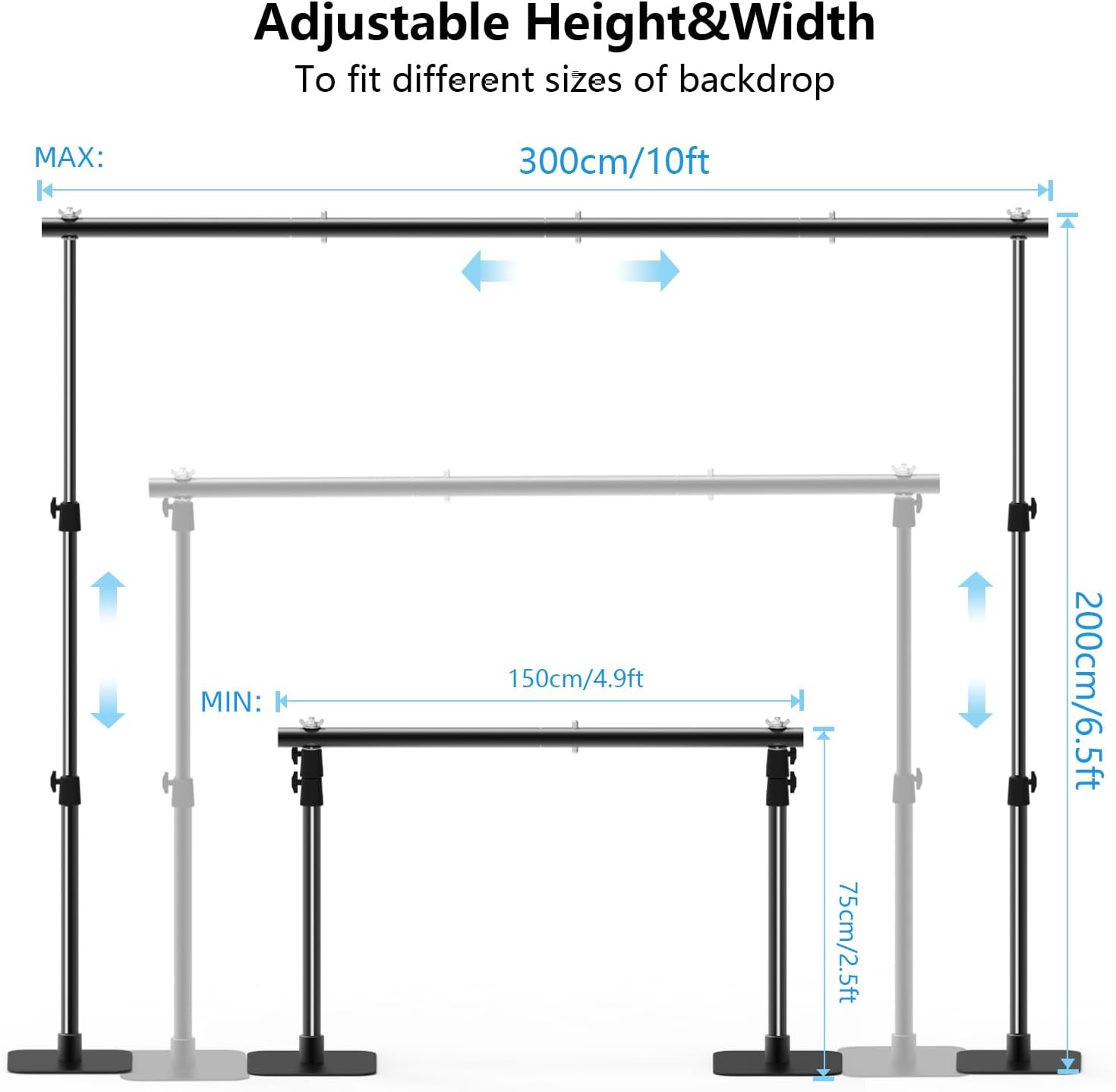 Pipe and Drape Backdrop Stand Kit, 6.5ft x 10ft Adjustable Photo Background Stands with Metal Flat Base for Photography, Birthday Parties, Wedding, Video Studio