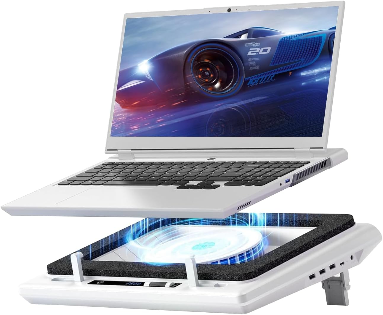 llano V12 Laptop Cooling Pad with 5.5" Turbofan – High-Speed Cooling for 15-19 Inch Gaming Laptops, Adjustable Speed & Touch Control, 3-Port USB Hub, with Mousepad, White (No RGB)