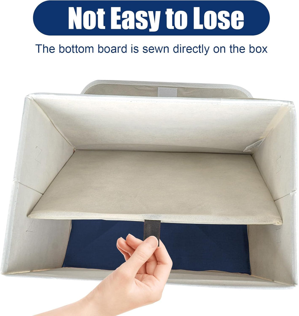 Large 22 Quart Linen Fabric Foldable Storage Bin Cube Organizer Basket with Flip-Top Lid & Handles, Clothes Blanket Box for Home, Office, Closet, Navy Blue & White, 4 Pack 14.6 x 9.5 x 9.5