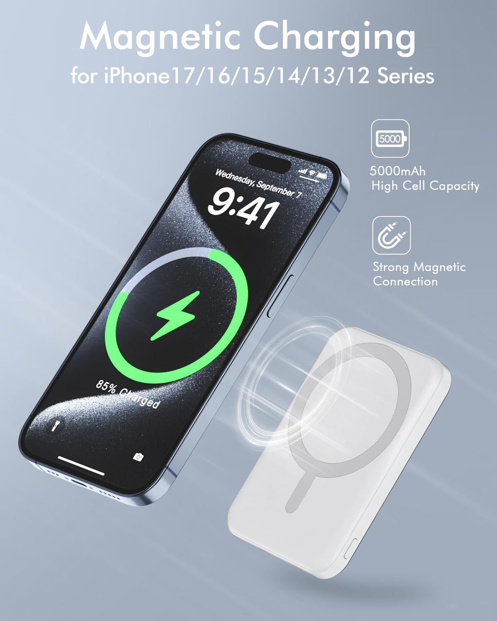 podoru for Magsafe Battery Pack, 5000mAh Magnetic Power Bank with Type-C Cable 20W PD Fast Charging Lighting Input Wireless Portable Charger for iPhone 17/16/15/14/13/12/ All Series-White