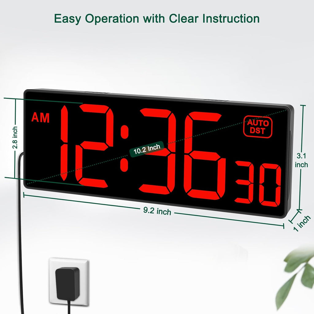 Soobest LED Digital Wall Clock, Large Digital Clock Bold Numbers with Seconds for Seniors Visually Impaired，Plug Electric Clock Dimmable Auto DST Large Display 10 Inches (Red)
