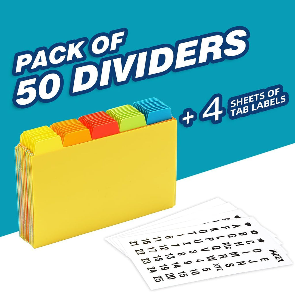 Chell 4x6 Plastic Index Card Dividers, Heavyweight Poly Index Card Guides A-Z for Flash Cards and Recipe Cards, with Alphabetical/Blank Stickers, Pack of 50