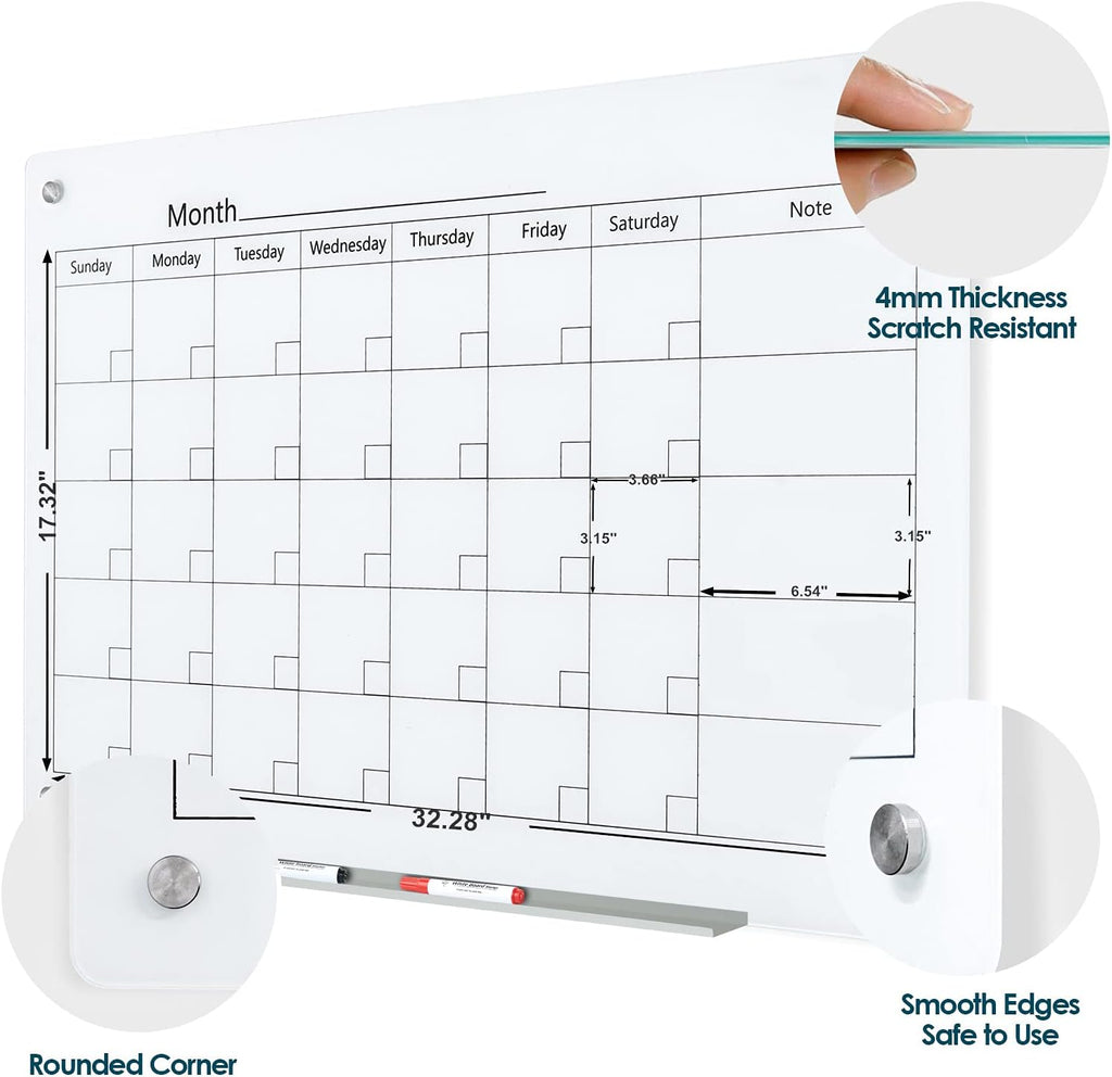 J&J worldwide Magnetic Whiteboard Calendar, 3' x 2' Glass Wall Calendar Dry Erase Board Monthly Planner for Home, School, Office, Frameless, with Markers, Marker Tray, Eraser, Magnets, 35 x 23 Inches