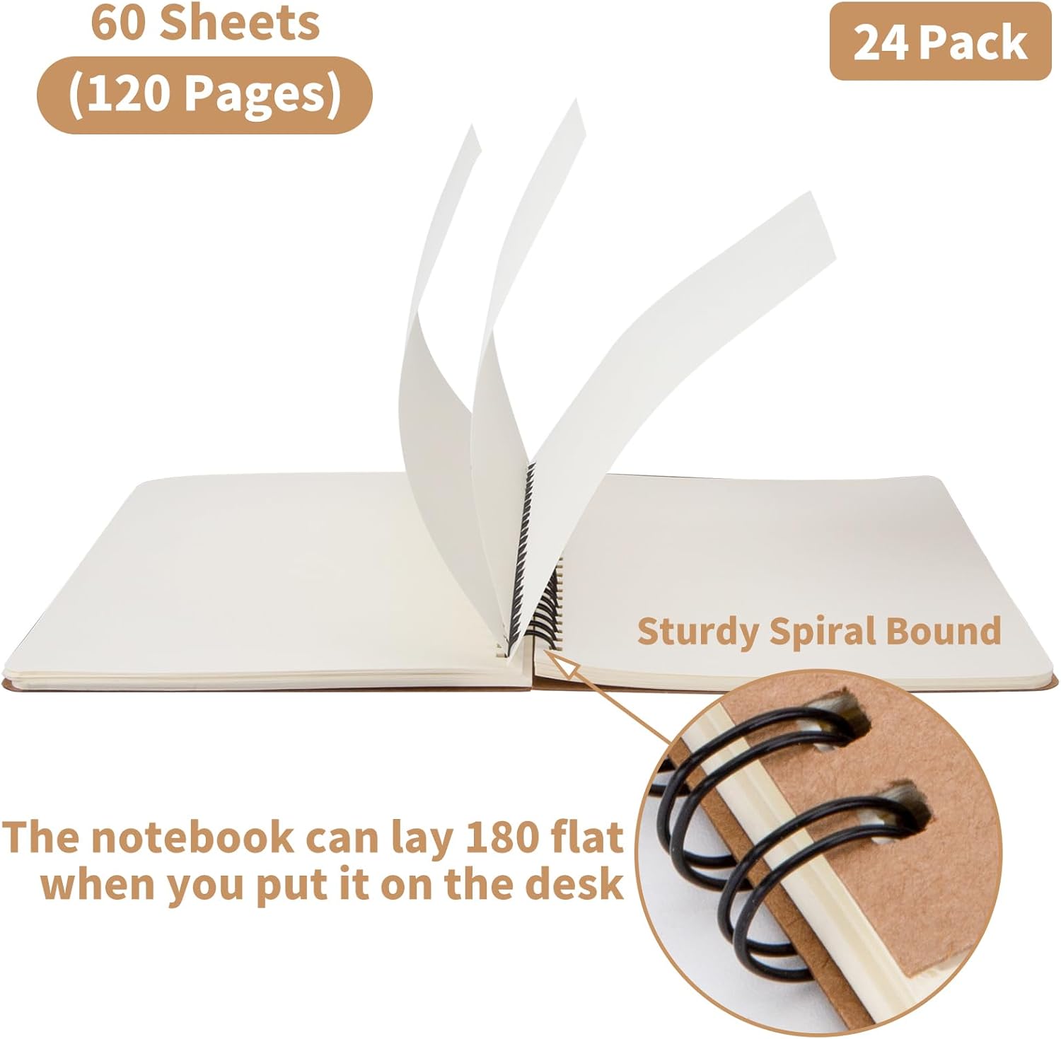 24 Pack A5 Spiral Notebook,Soft Cover,Blank Sketch,Wire-Bound Journal Notebook,120 Pages, Unlined Paper Diary Notebook for Office, Business, School Supplies