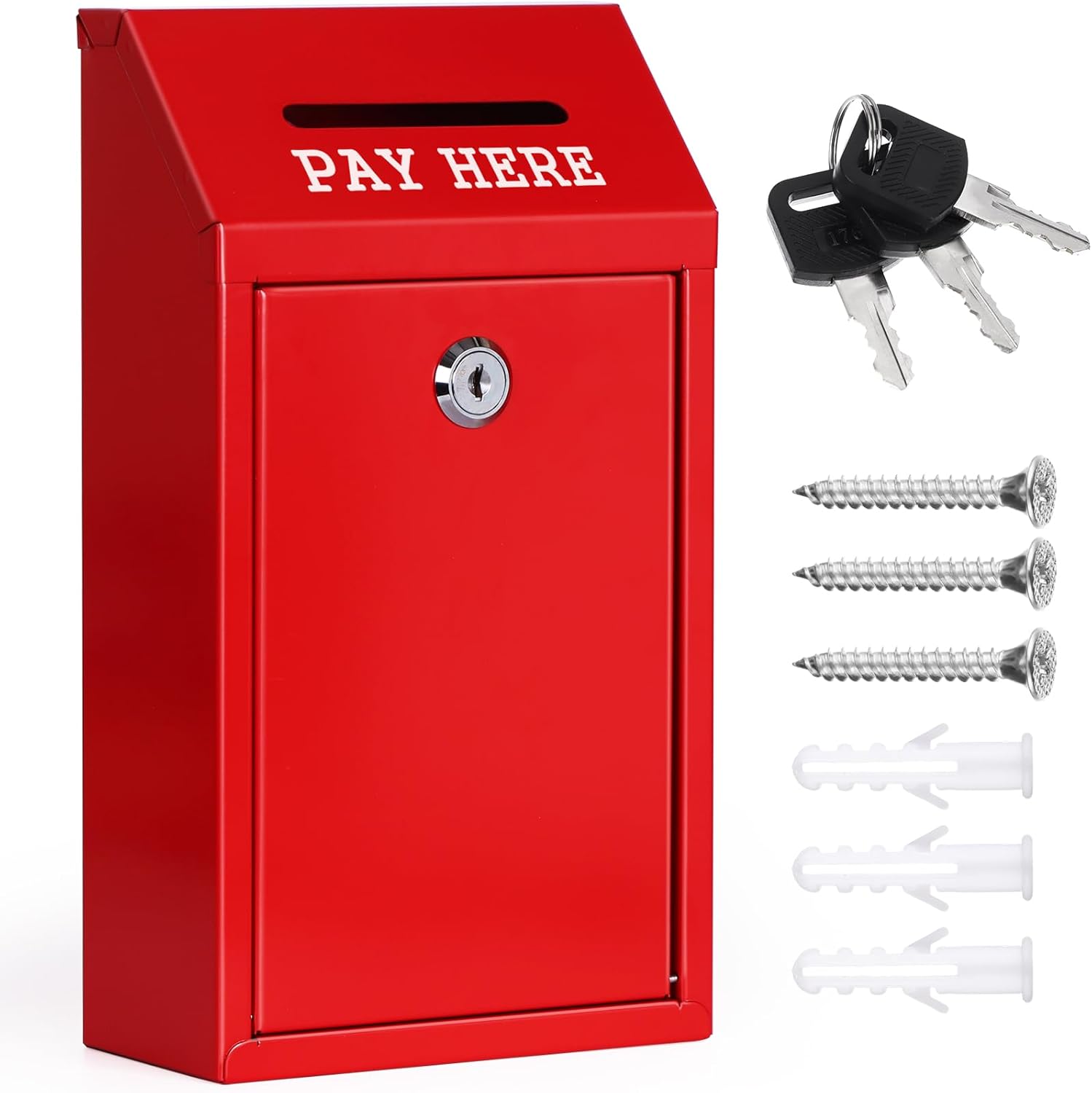 Metal Donation Box Collection Safe Suggestion Box with Lock Wall Mounted Mailbox Delivery Ballot Case Key Drop Case for Home Office Outdoor Door (Red, 10.24 x 5.71 x 2.95 Inch)