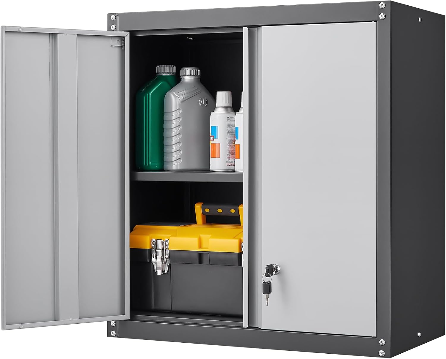 GREATMEET 28" H Lockable Metal Garage Storage Cabinets, Metal Cabinet Storage, Garage Wall Cabinet with Doors and Shelves, Hanging Floating, Grey&Black