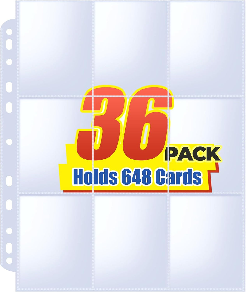 36pack Trading Card Sleeve, Holds 648 Cards, 9 Pocket Card Sleeves Binder Sheets for 3 Ring Binder, 11 Holes Trading Card Binder Sleeves Fit for MTG, Baseball, Game, Business Cards, Coupon